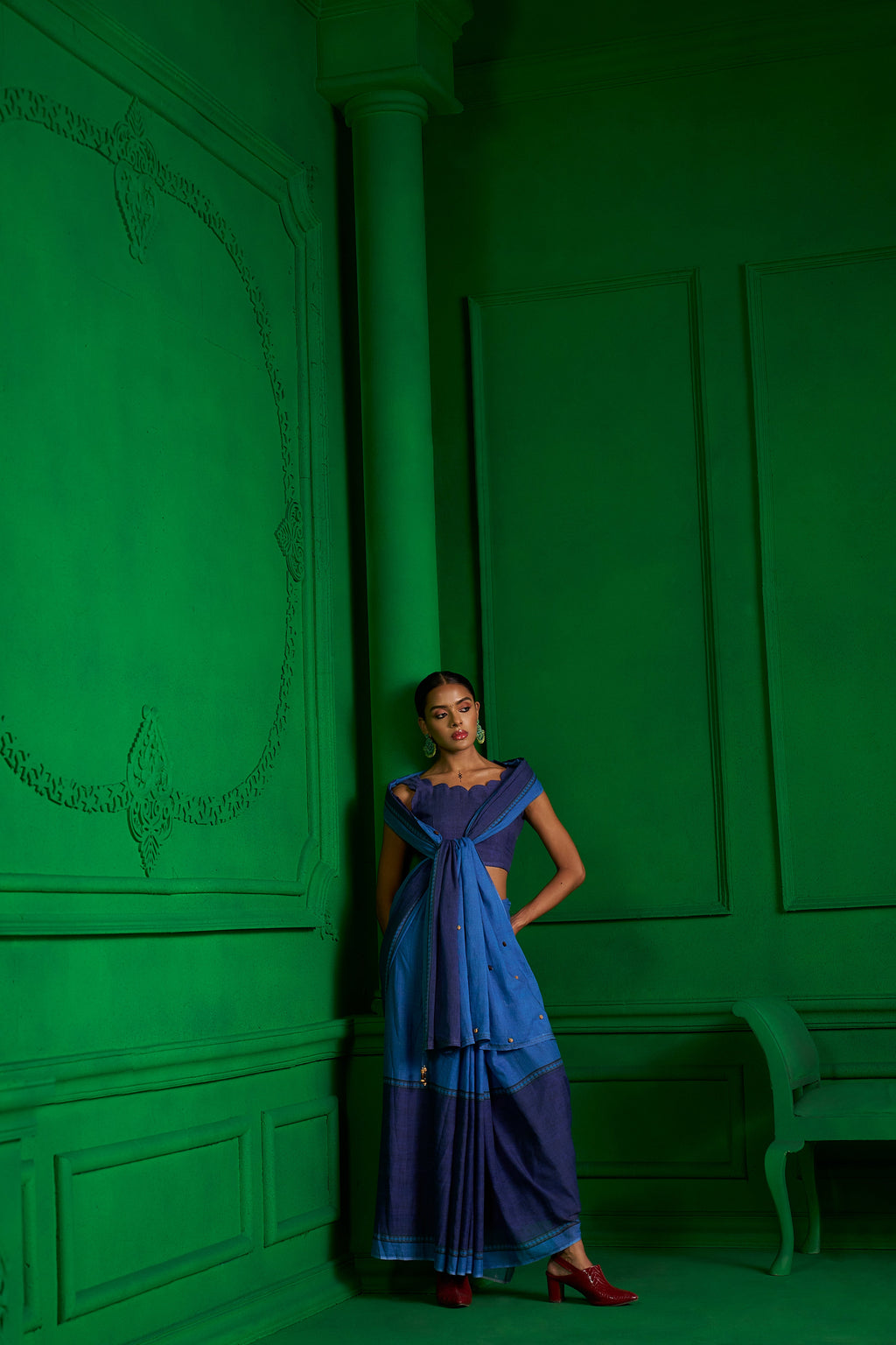 BRIGHT BLUE VISCOSE MUL INDIGO WHIMSY DENIM SAREE