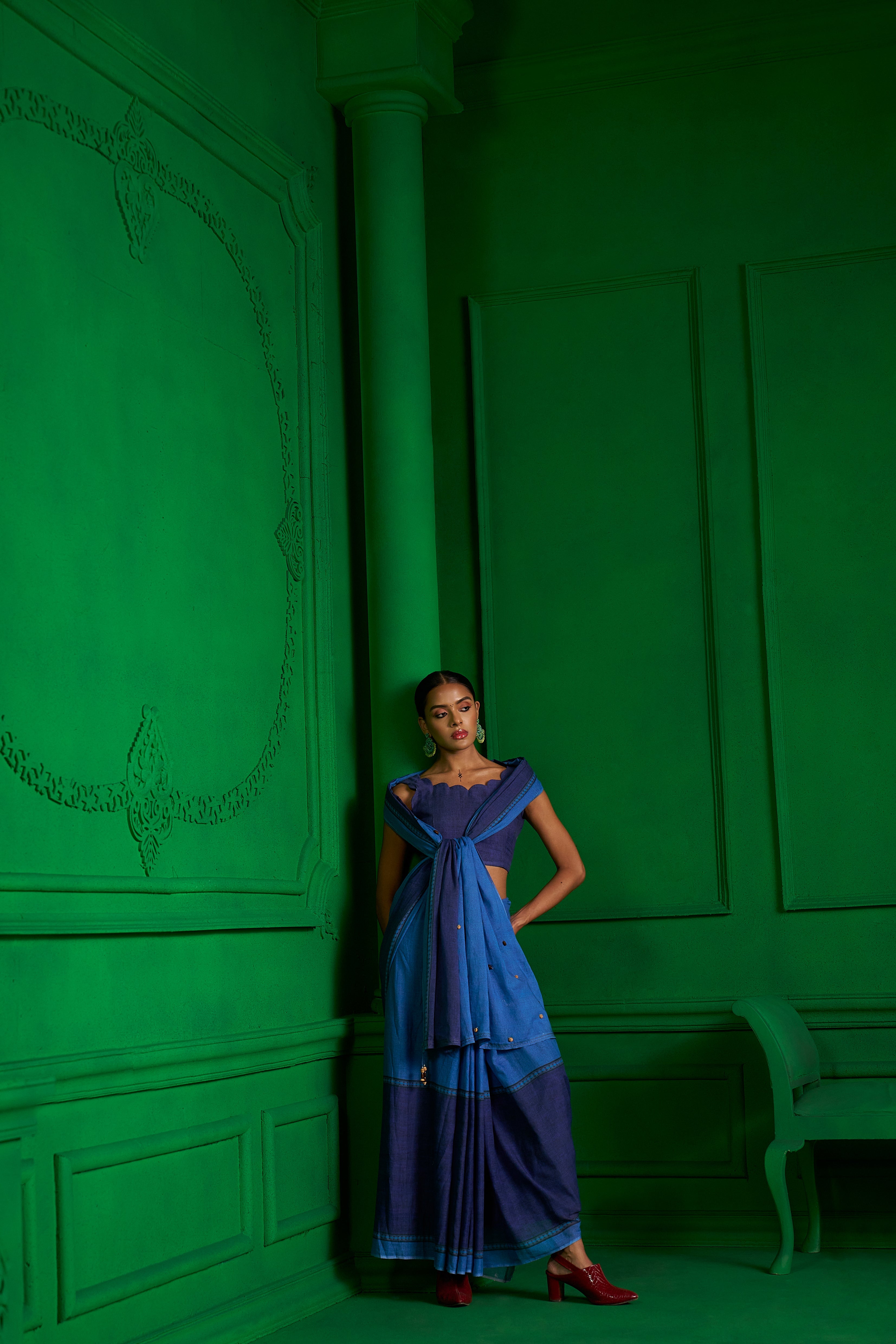 BRIGHT BLUE VISCOSE MUL INDIGO WHIMSY DENIM SAREE