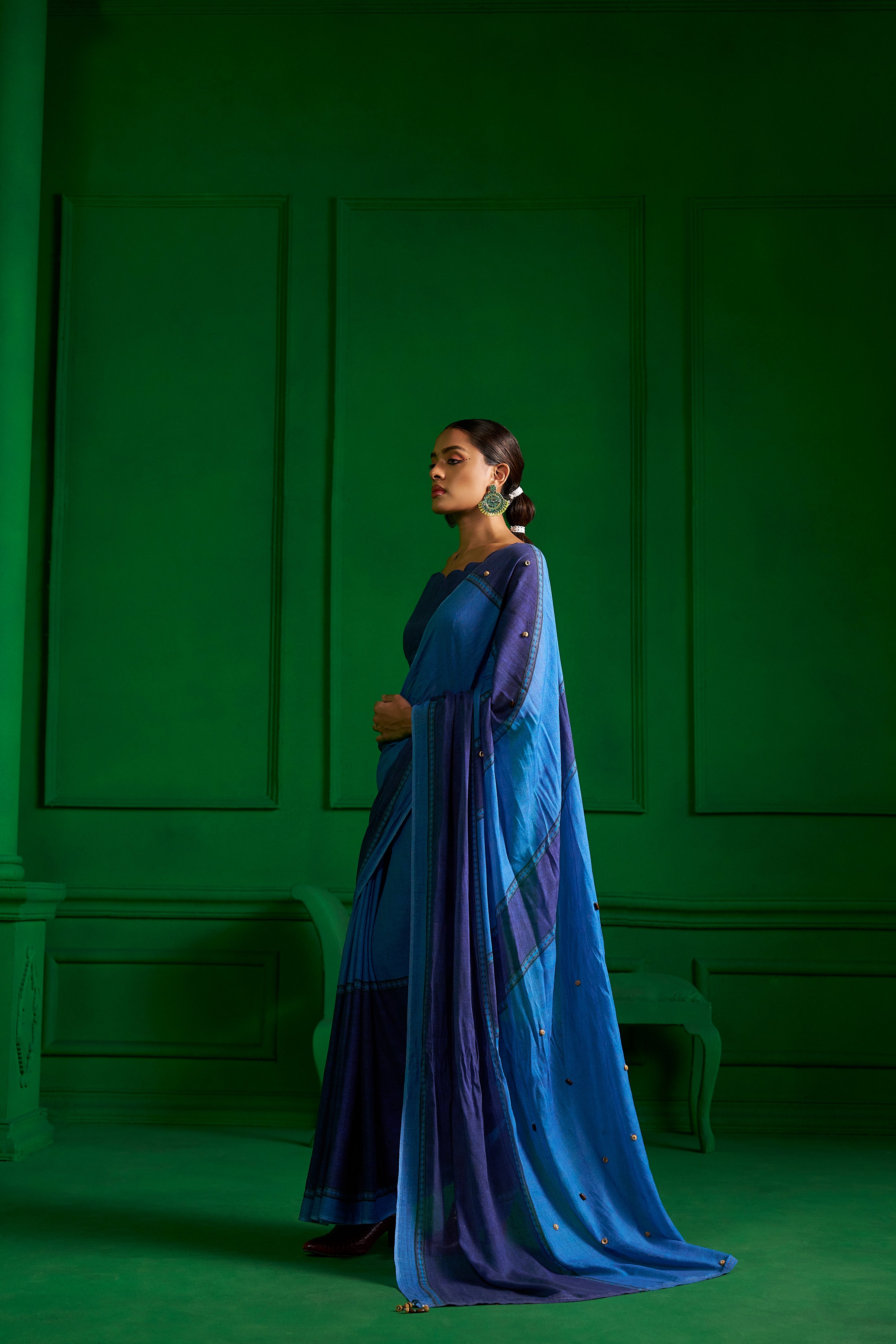 BRIGHT BLUE VISCOSE MUL INDIGO WHIMSY DENIM SAREE