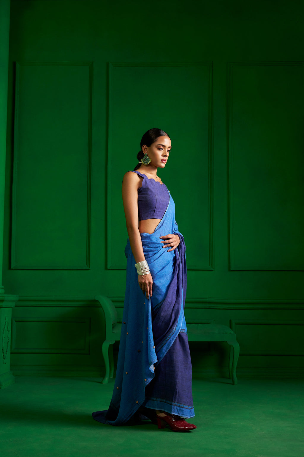 BRIGHT BLUE VISCOSE MUL INDIGO WHIMSY DENIM SAREE