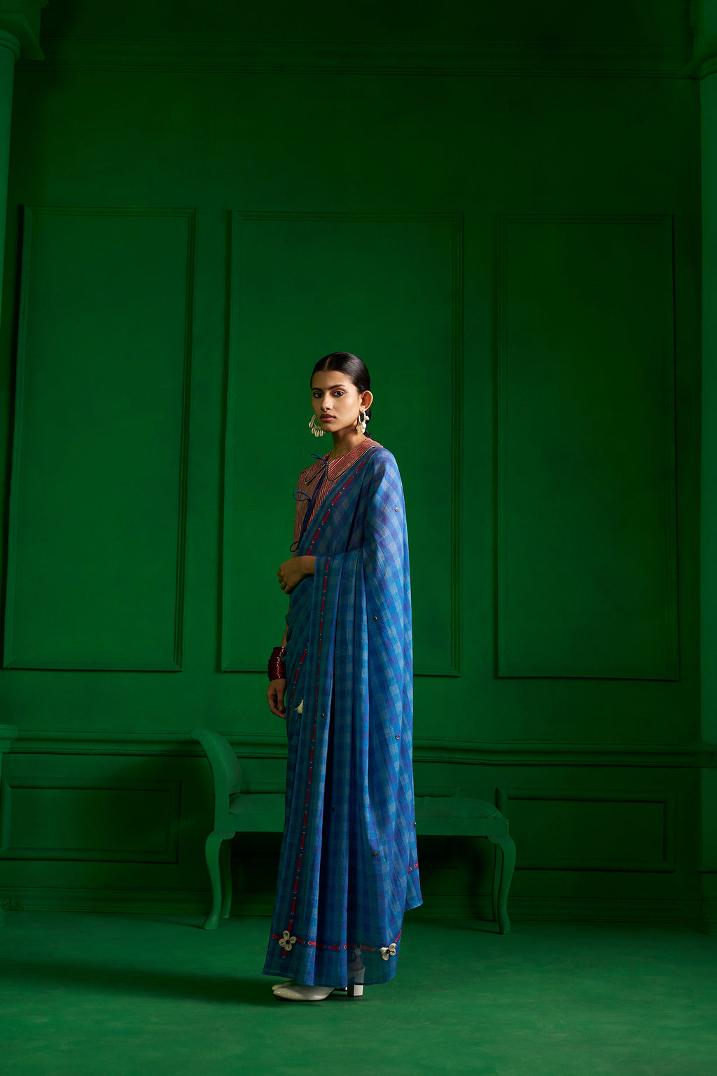 BRIGHT BLUE VISCOSE MUL GINGHAM CHECKS DENIM SAREE