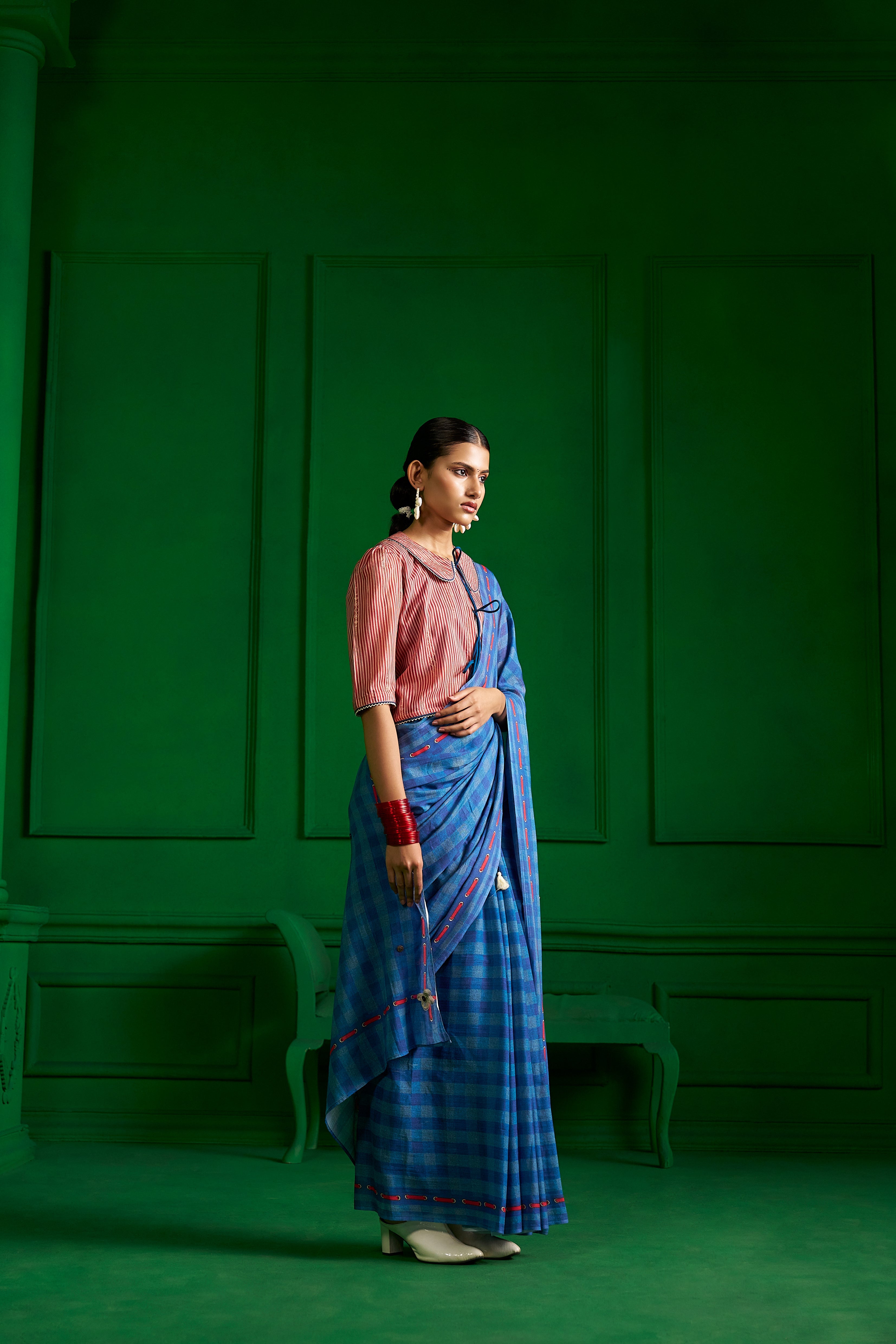 BRIGHT BLUE VISCOSE MUL GINGHAM CHECKS DENIM SAREE