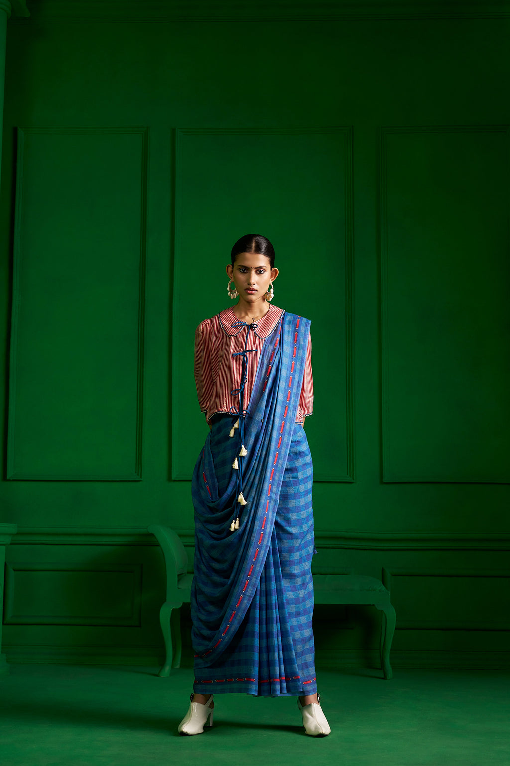 BRIGHT BLUE VISCOSE MUL GINGHAM CHECKS DENIM SAREE
