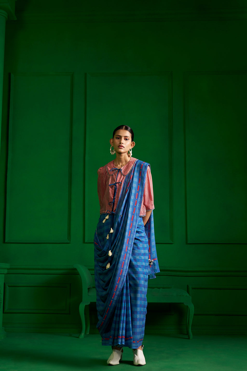 BRIGHT BLUE VISCOSE MUL GINGHAM CHECKS DENIM SAREE