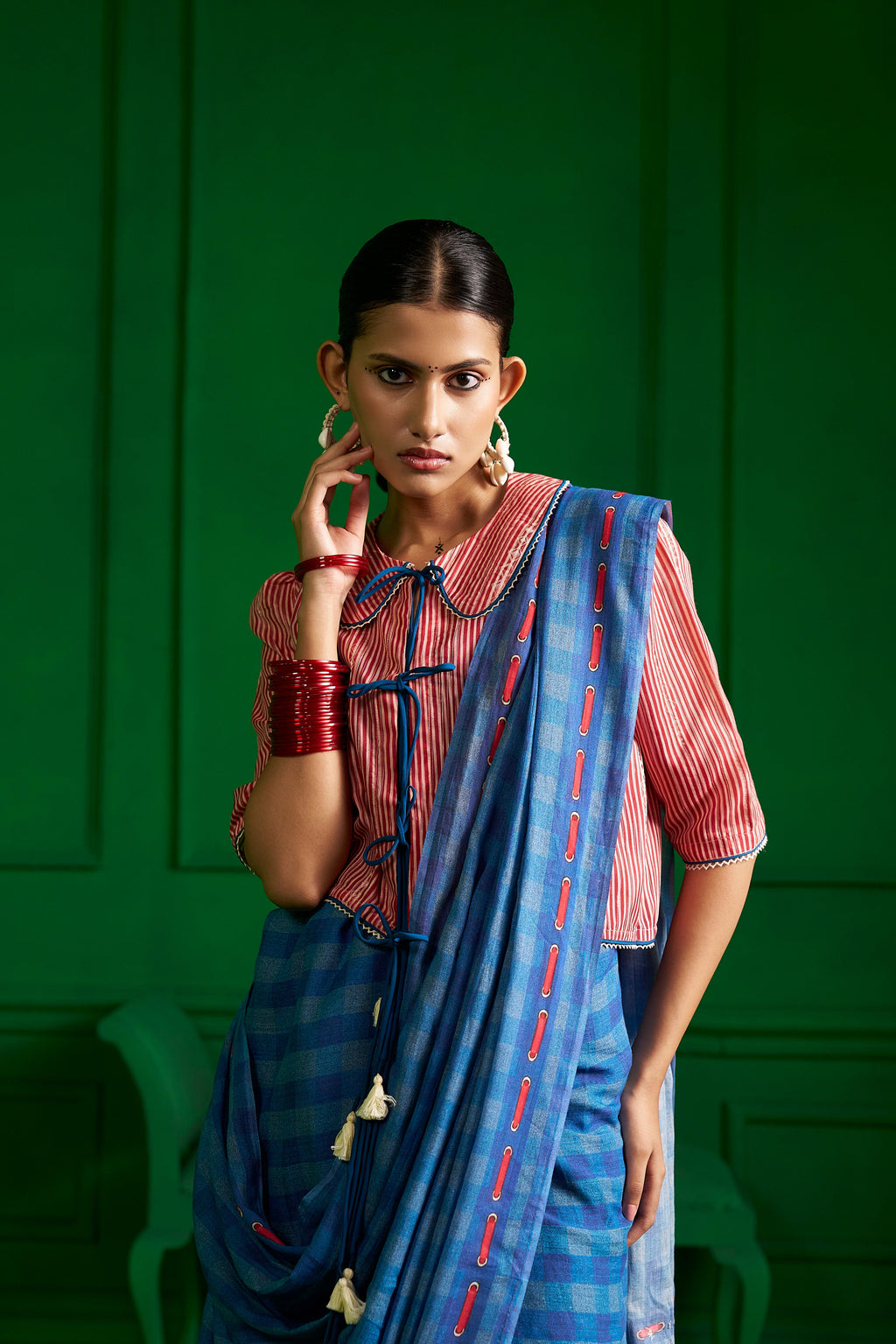 BRIGHT BLUE VISCOSE MUL GINGHAM CHECKS DENIM SAREE