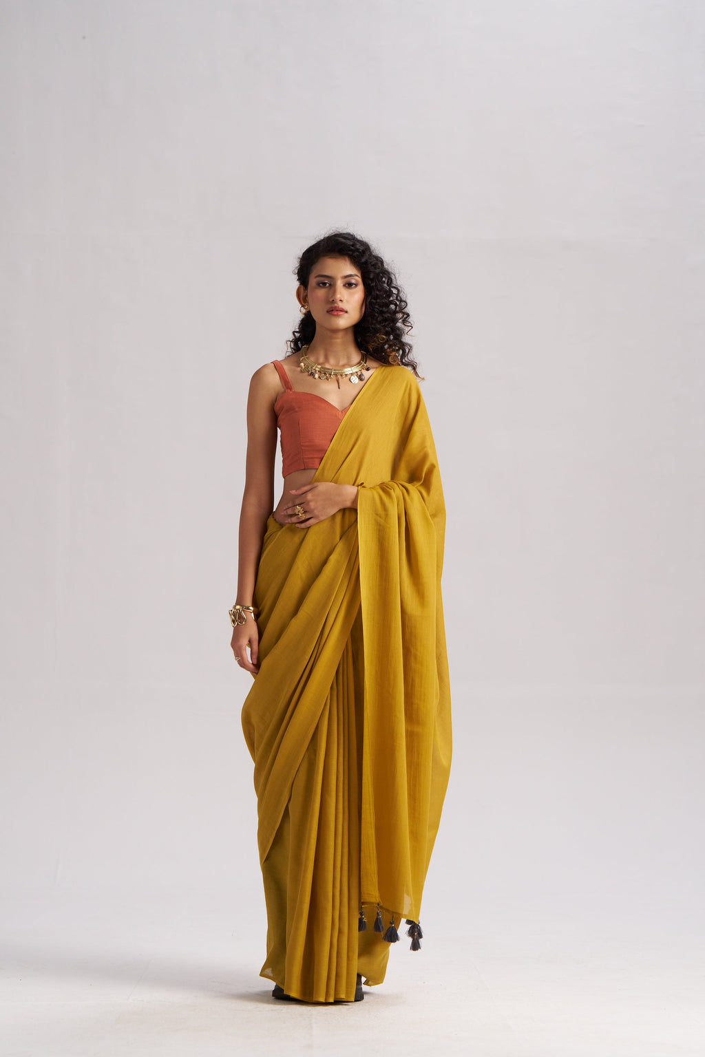 MUSTARD YELLOW VISCOSE MUL LIVA SOLID SAREE