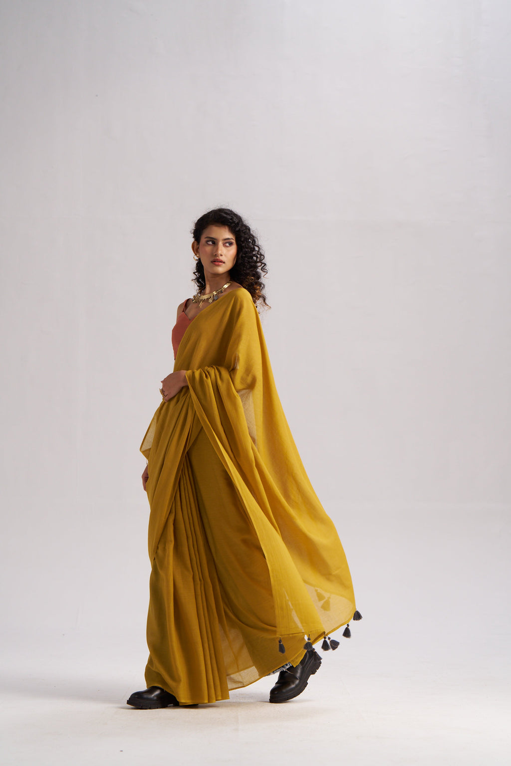 MUSTARD YELLOW VISCOSE MUL LIVA SOLID SAREE