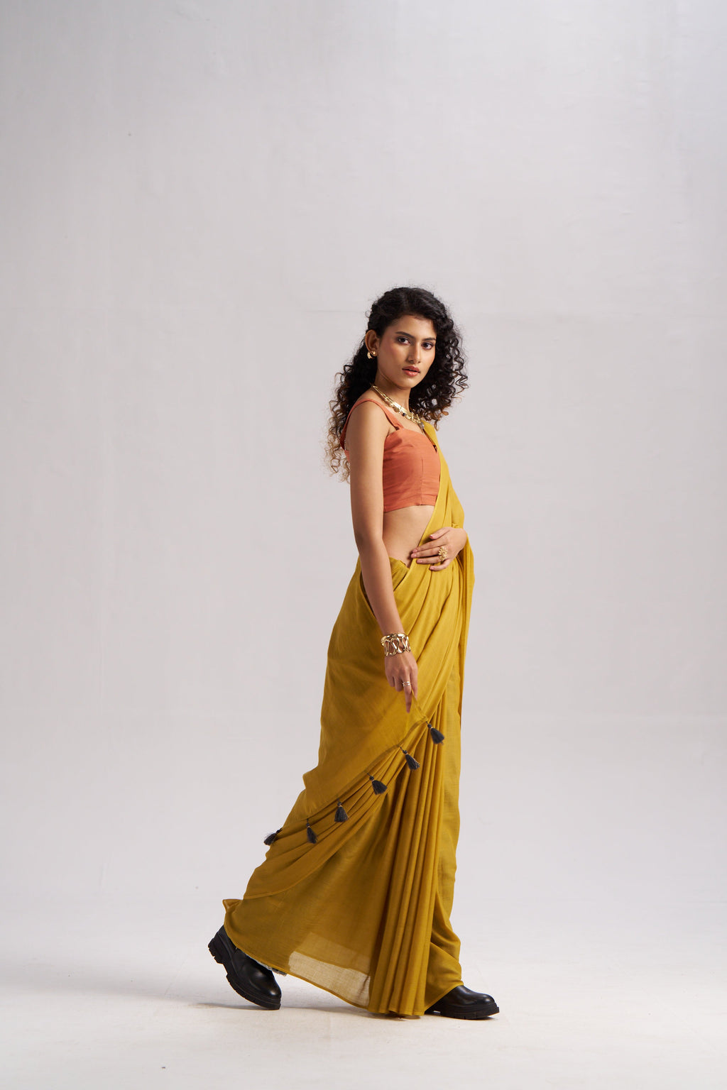 MUSTARD YELLOW VISCOSE MUL LIVA SOLID SAREE