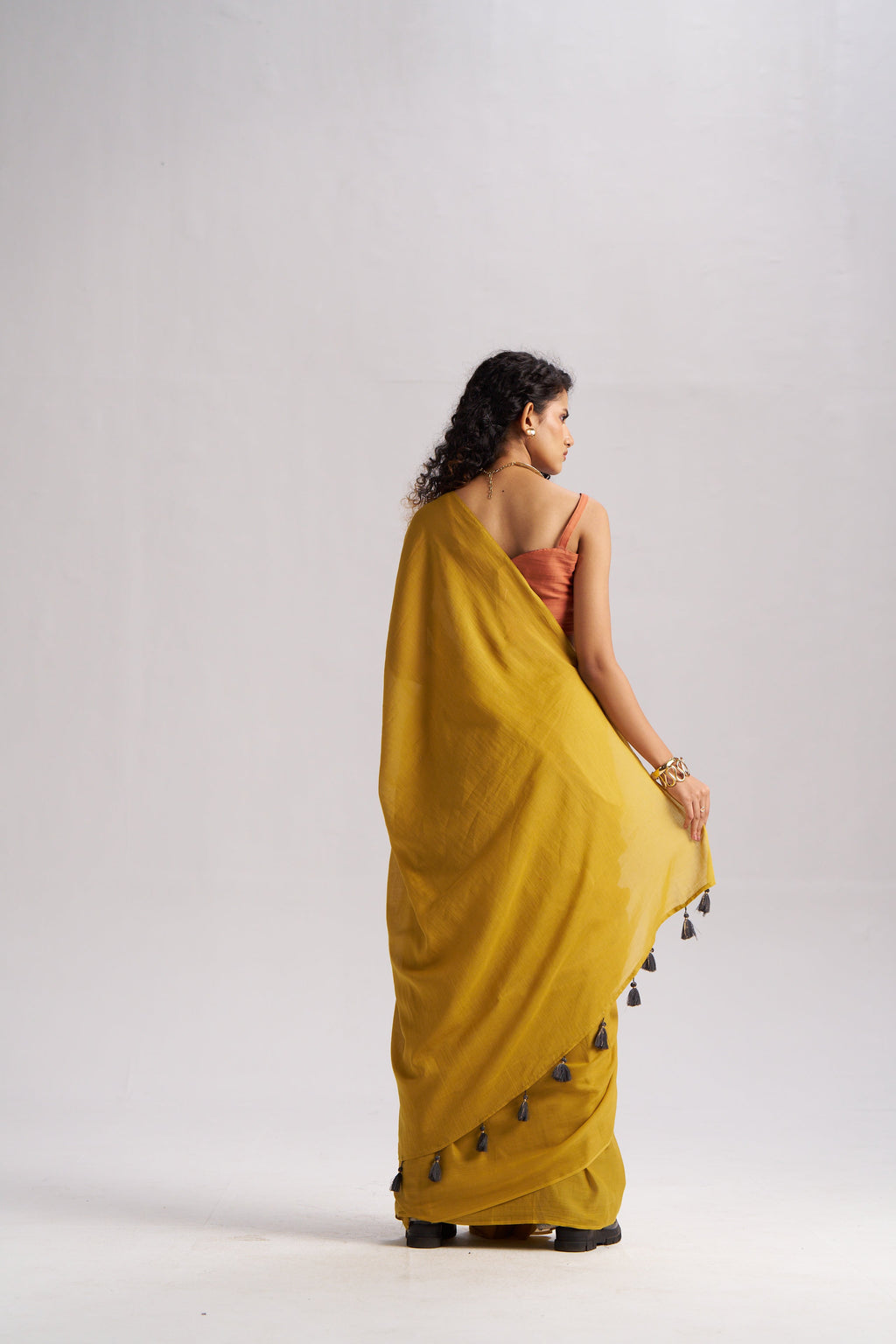 MUSTARD YELLOW VISCOSE MUL LIVA SOLID SAREE