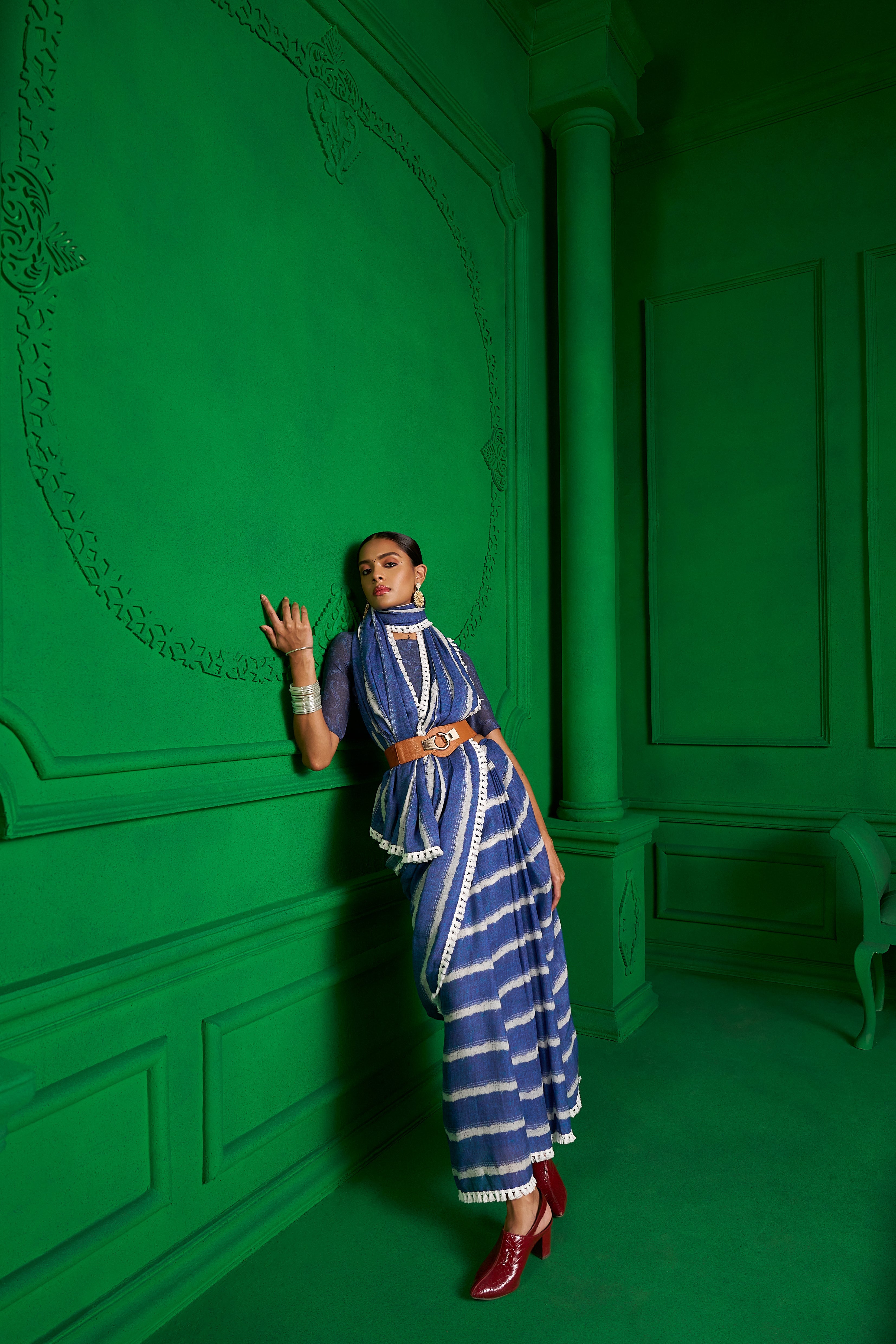 BRIGHT BLUE VISCOSE MUL SELVEDGE SAGA DENIM SAREE