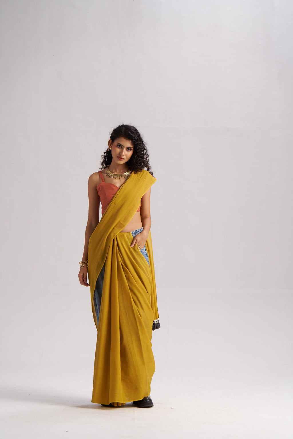 MUSTARD YELLOW VISCOSE MUL LIVA SOLID SAREE
