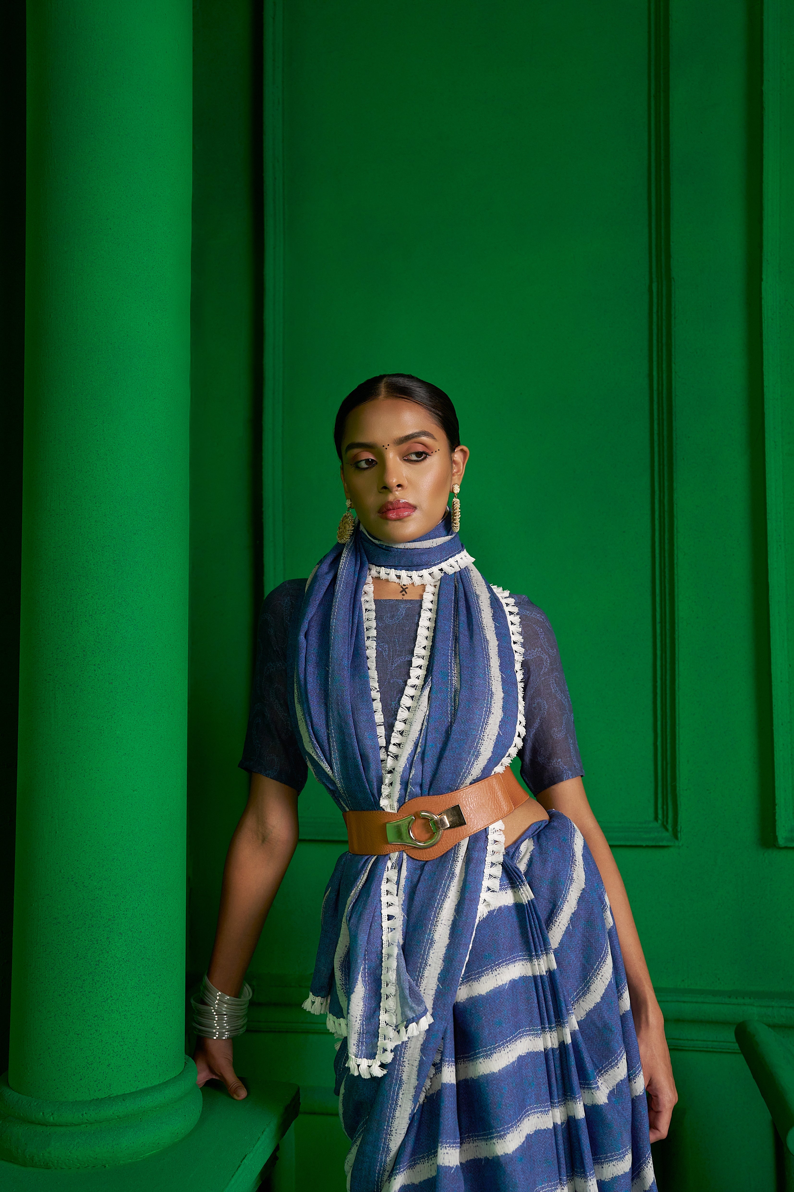 BRIGHT BLUE VISCOSE MUL SELVEDGE SAGA DENIM SAREE