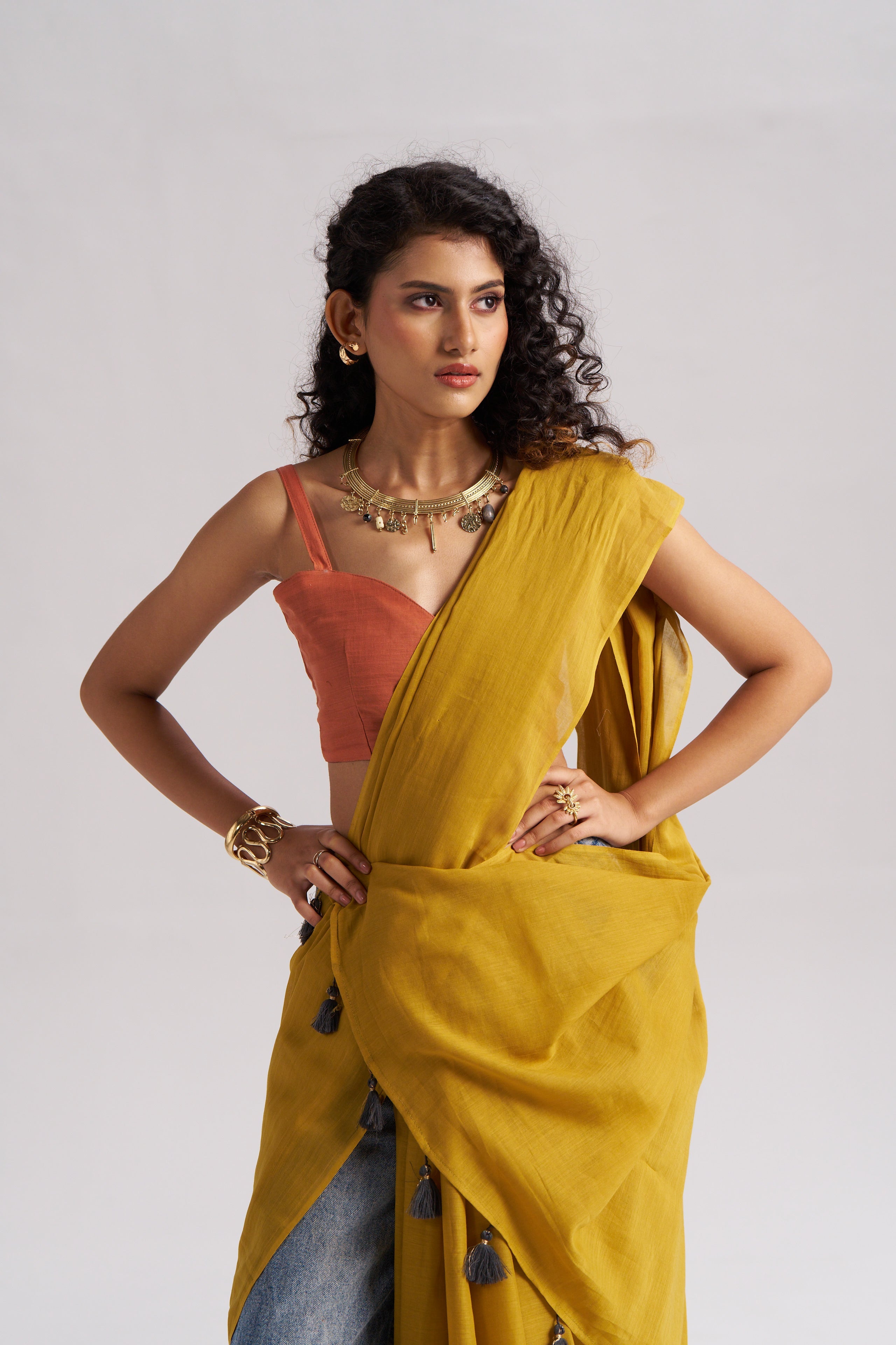 MUSTARD YELLOW VISCOSE MUL LIVA SOLID SAREE