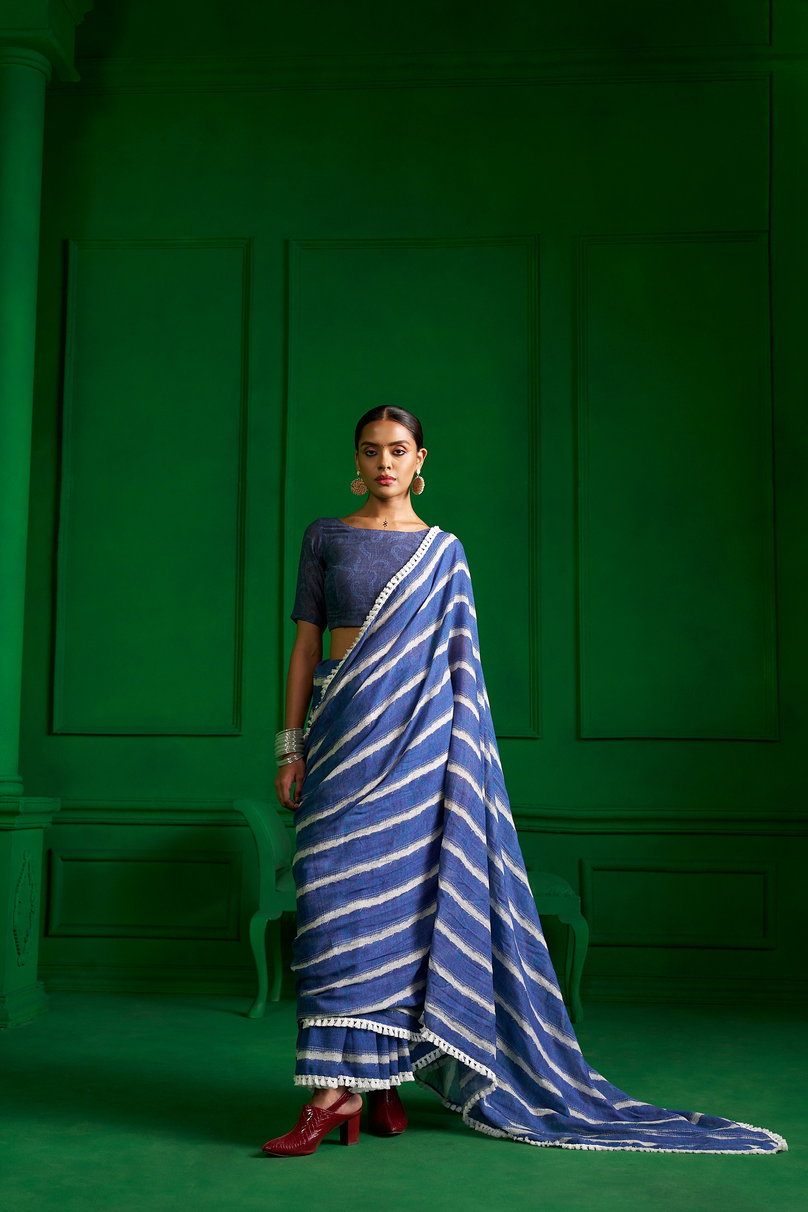 BRIGHT BLUE VISCOSE MUL SELVEDGE SAGA DENIM SAREE