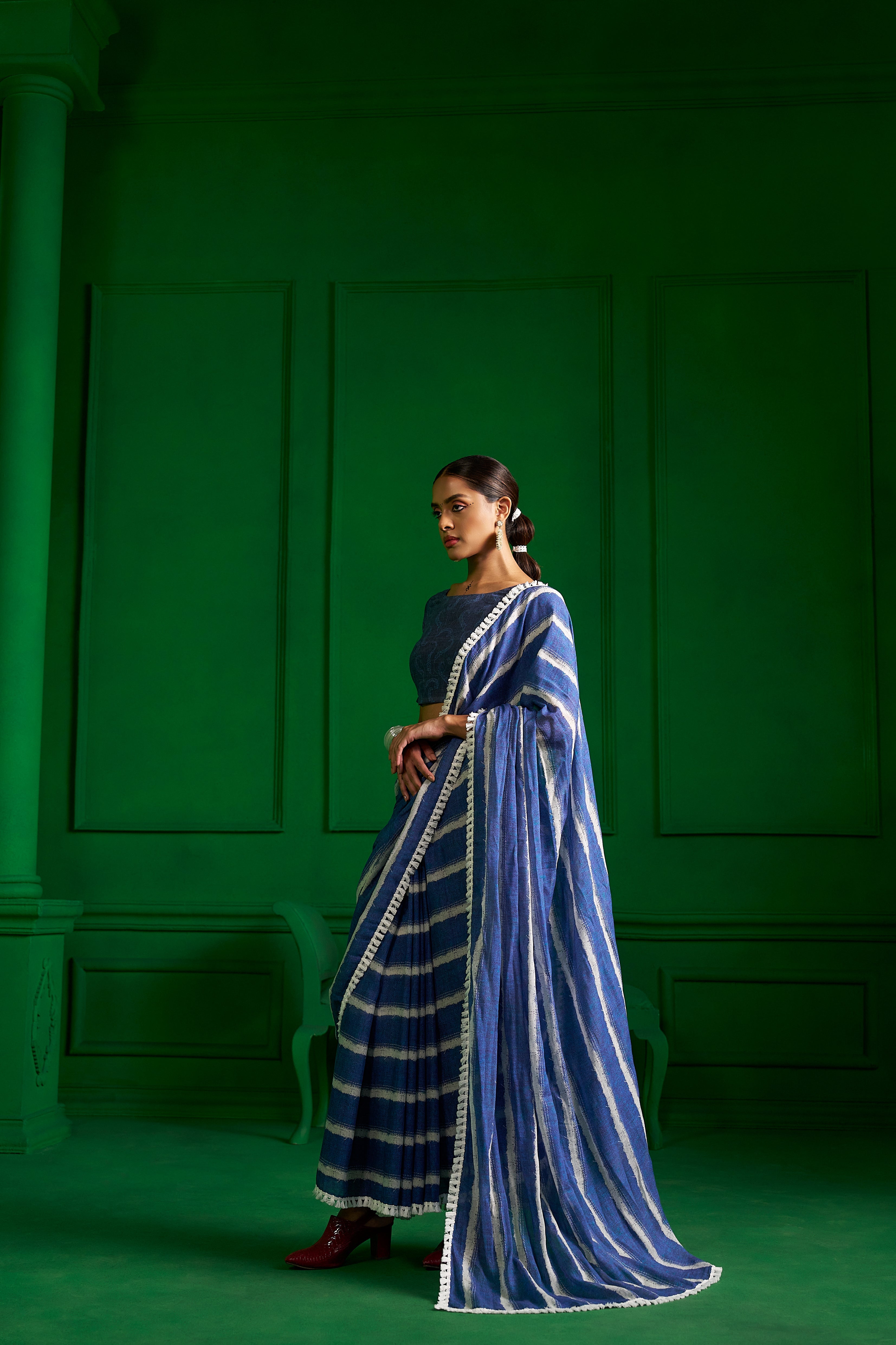 BRIGHT BLUE VISCOSE MUL SELVEDGE SAGA DENIM SAREE