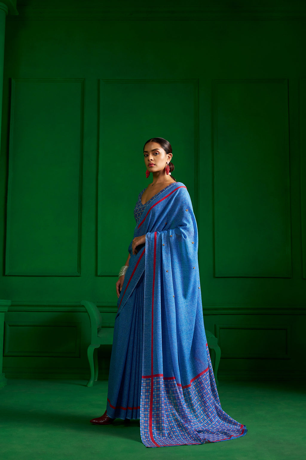 BRIGHT BLUE VISCOSE MUL RED RIBBON DENIM SAREE