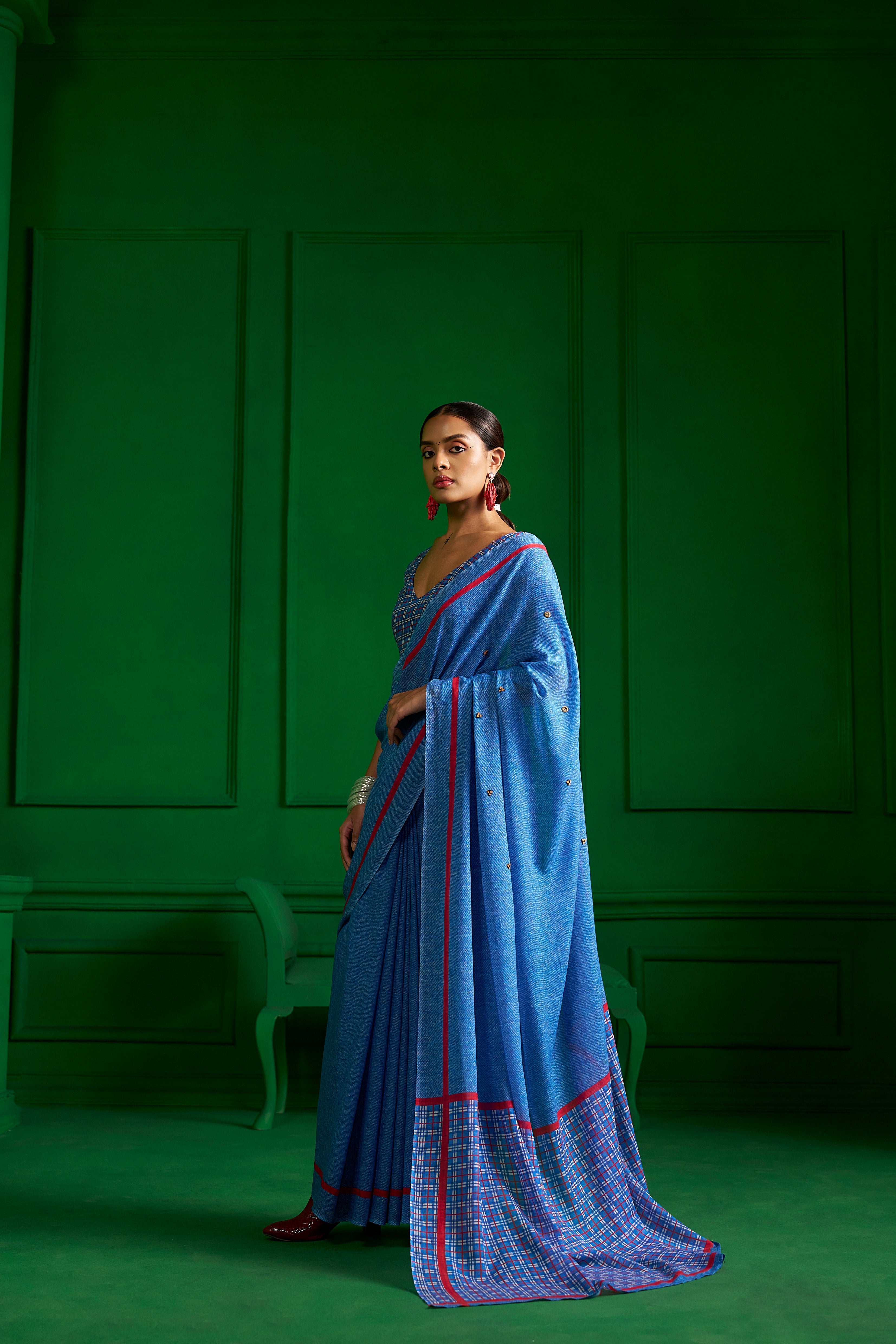 BRIGHT BLUE VISCOSE MUL RED RIBBON DENIM SAREE