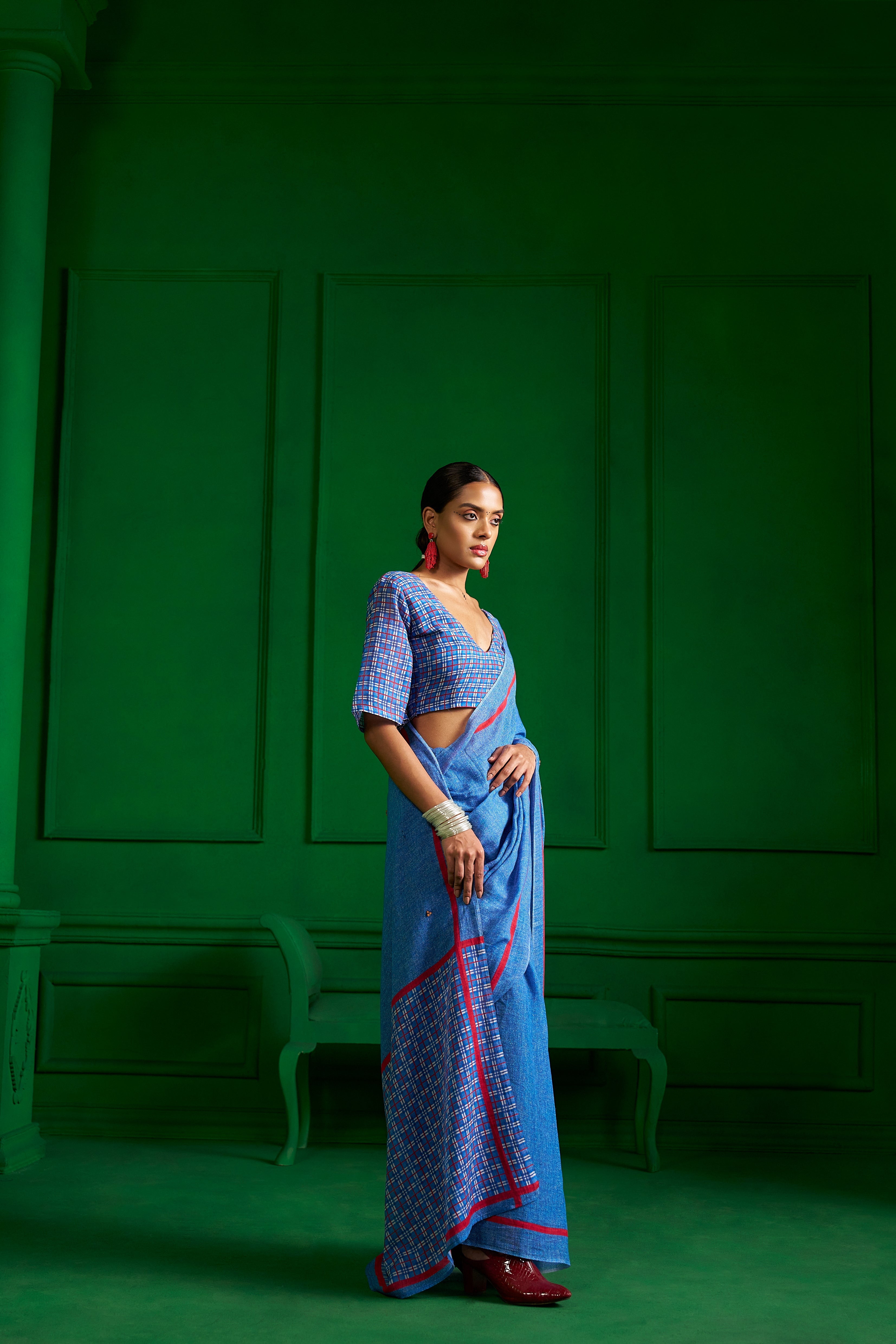 BRIGHT BLUE VISCOSE MUL RED RIBBON DENIM SAREE