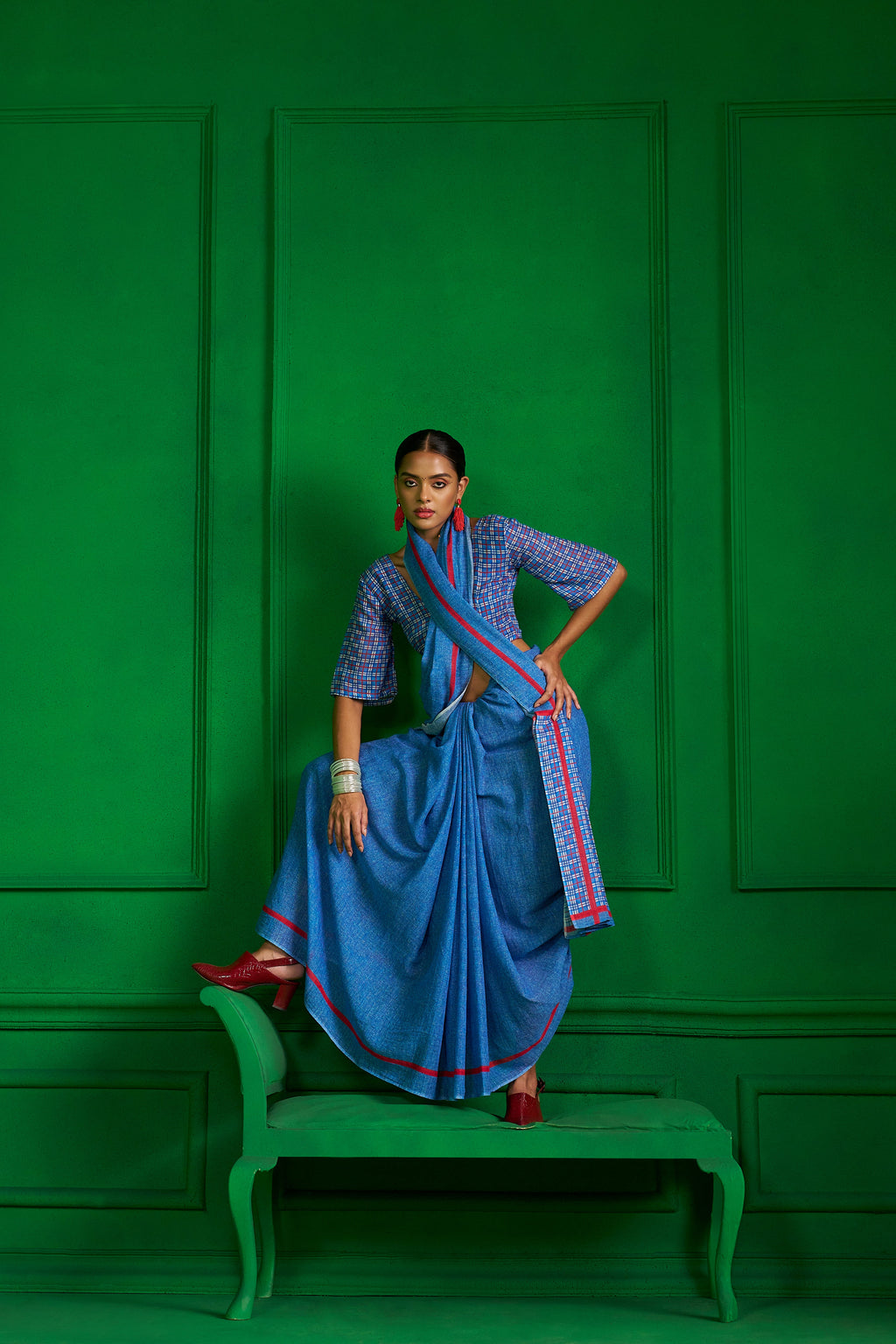 BRIGHT BLUE VISCOSE MUL RED RIBBON DENIM SAREE