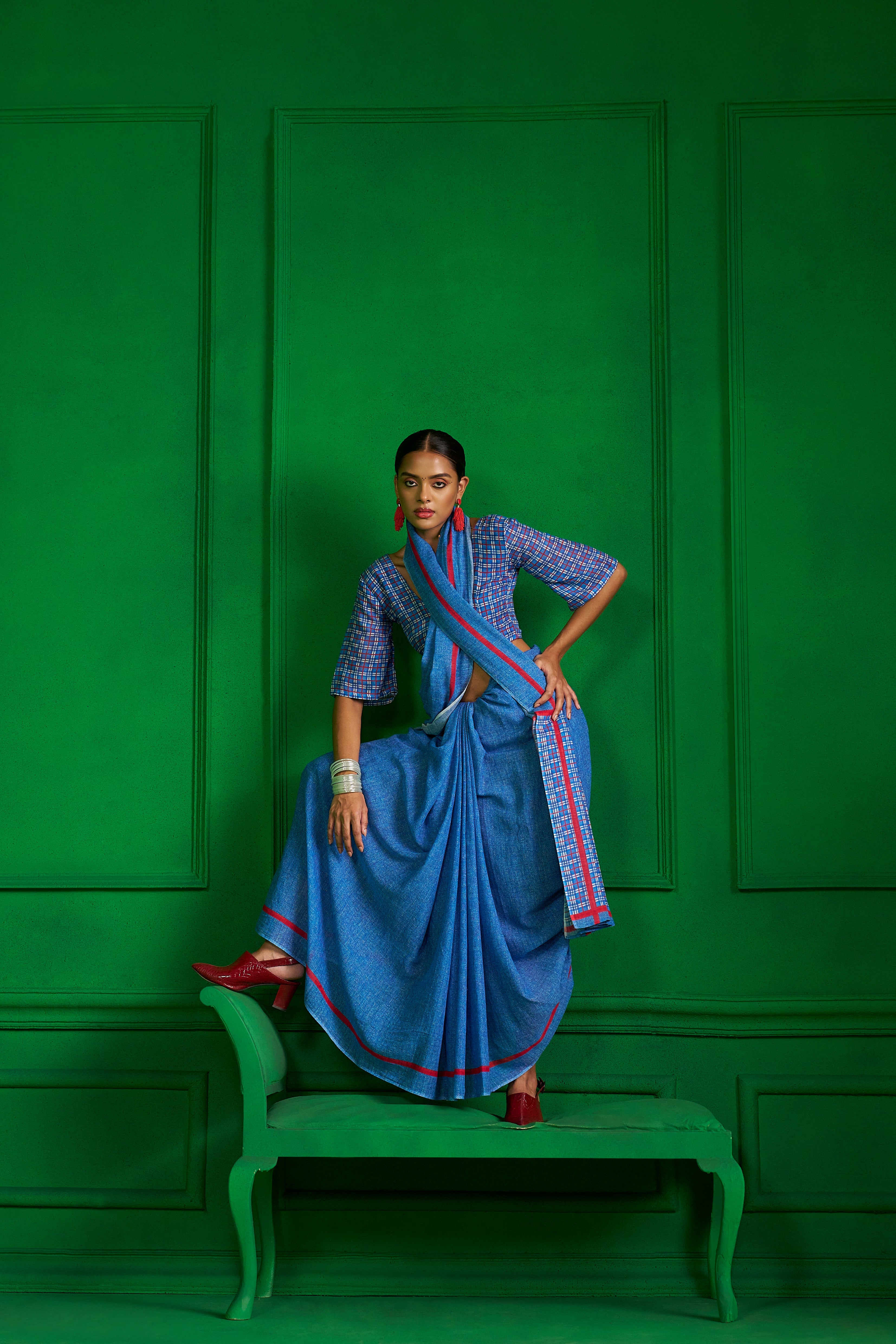 BRIGHT BLUE VISCOSE MUL RED RIBBON DENIM SAREE