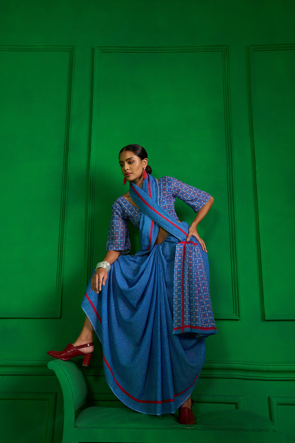 BRIGHT BLUE VISCOSE MUL RED RIBBON DENIM SAREE