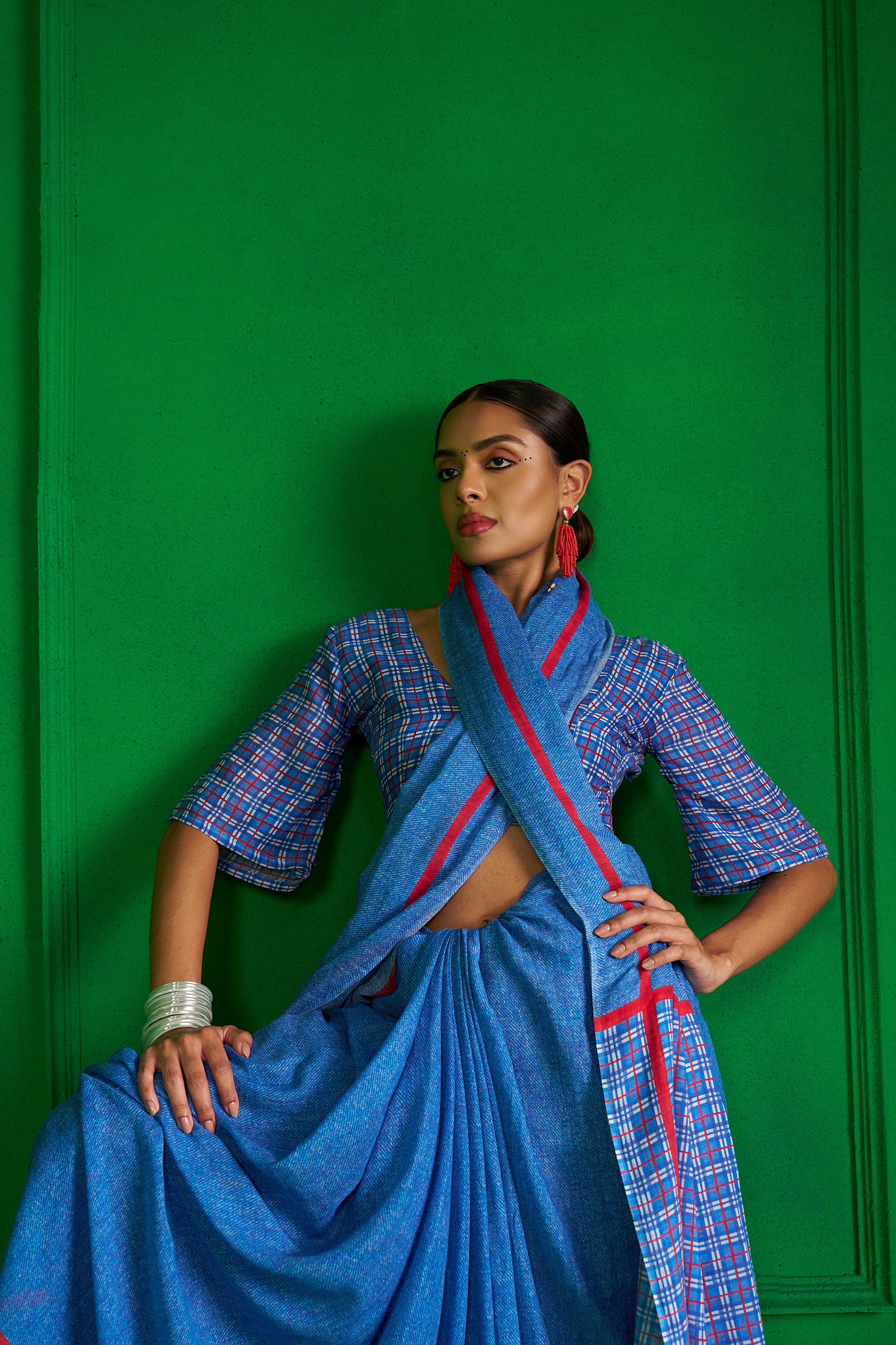 BRIGHT BLUE VISCOSE MUL RED RIBBON DENIM SAREE