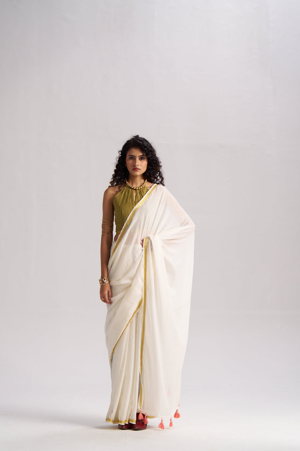 OFF WHITE VISCOSE MUL LIVA SOLID SAREE