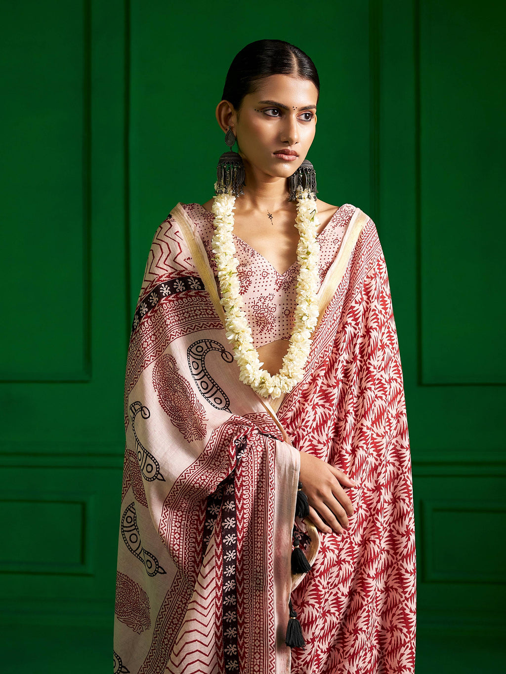 BLACK & RED VISCOSE MUL SCARLET SHADOW BAGH PRINT SAREE