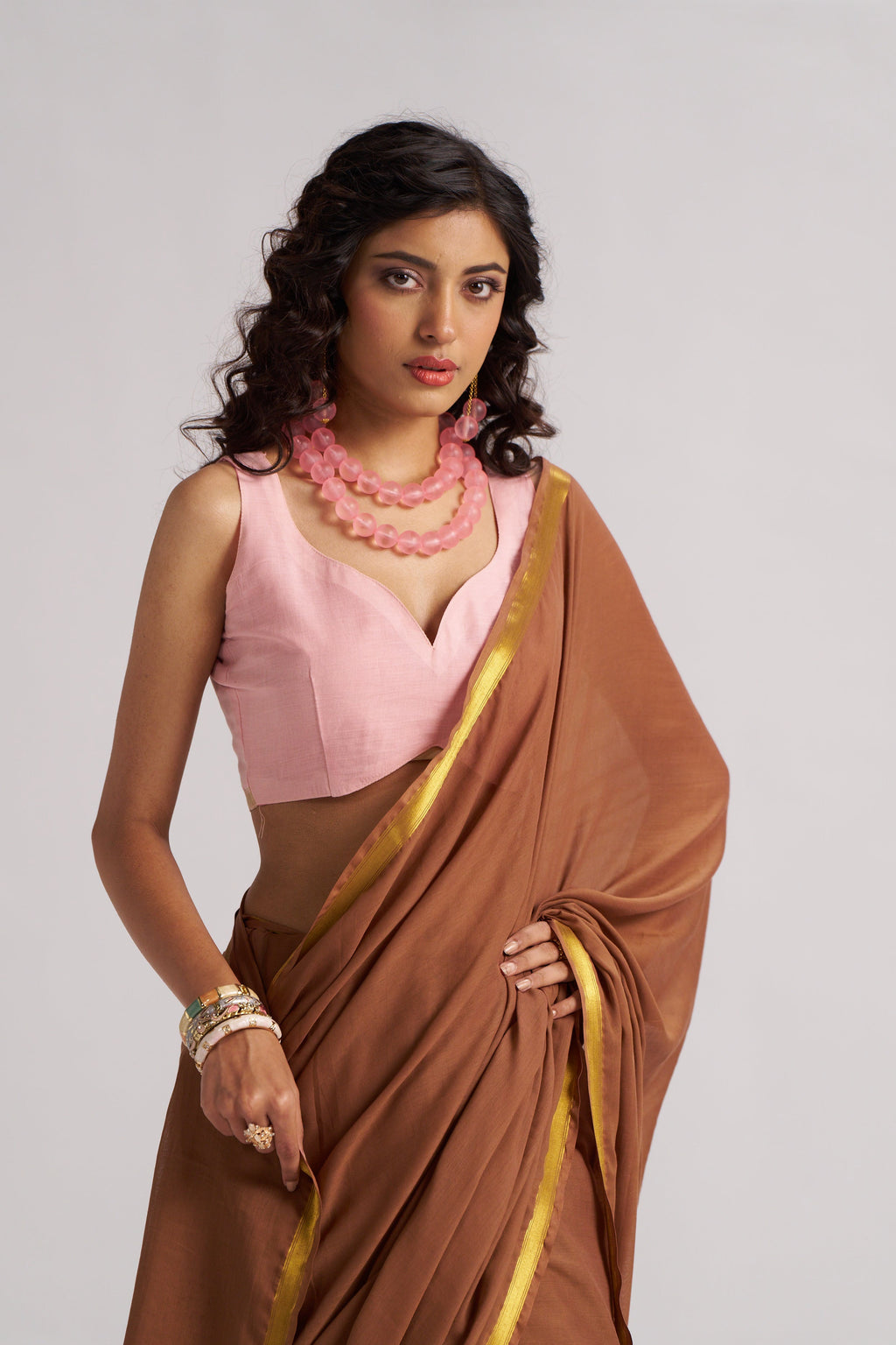 BLODNE ROAST COFFEE SHADE VISCOSE MUL LIVA SOLID SAREE