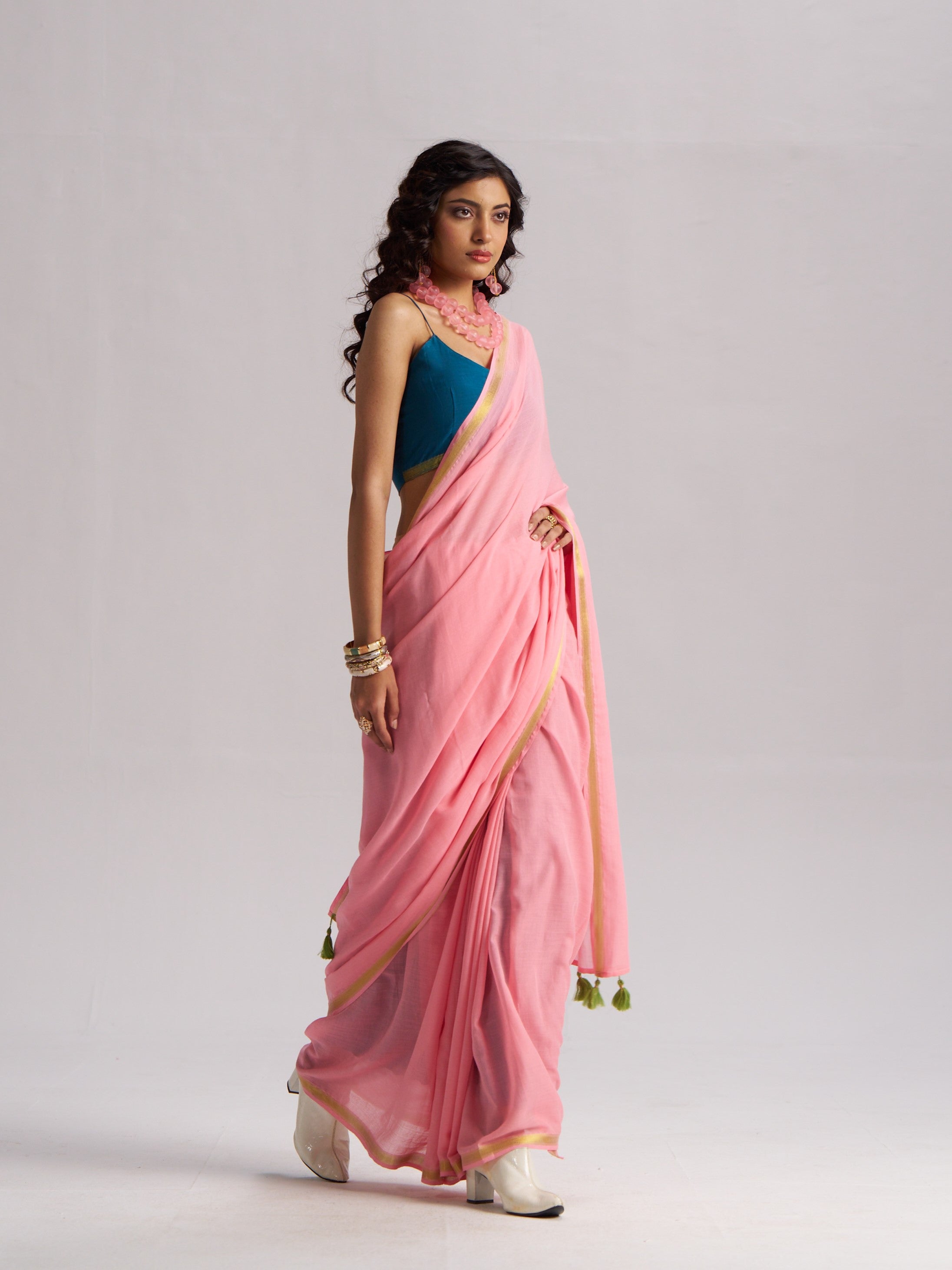 BABY PINK VISCOSE MUL LIVA SOLID SAREE