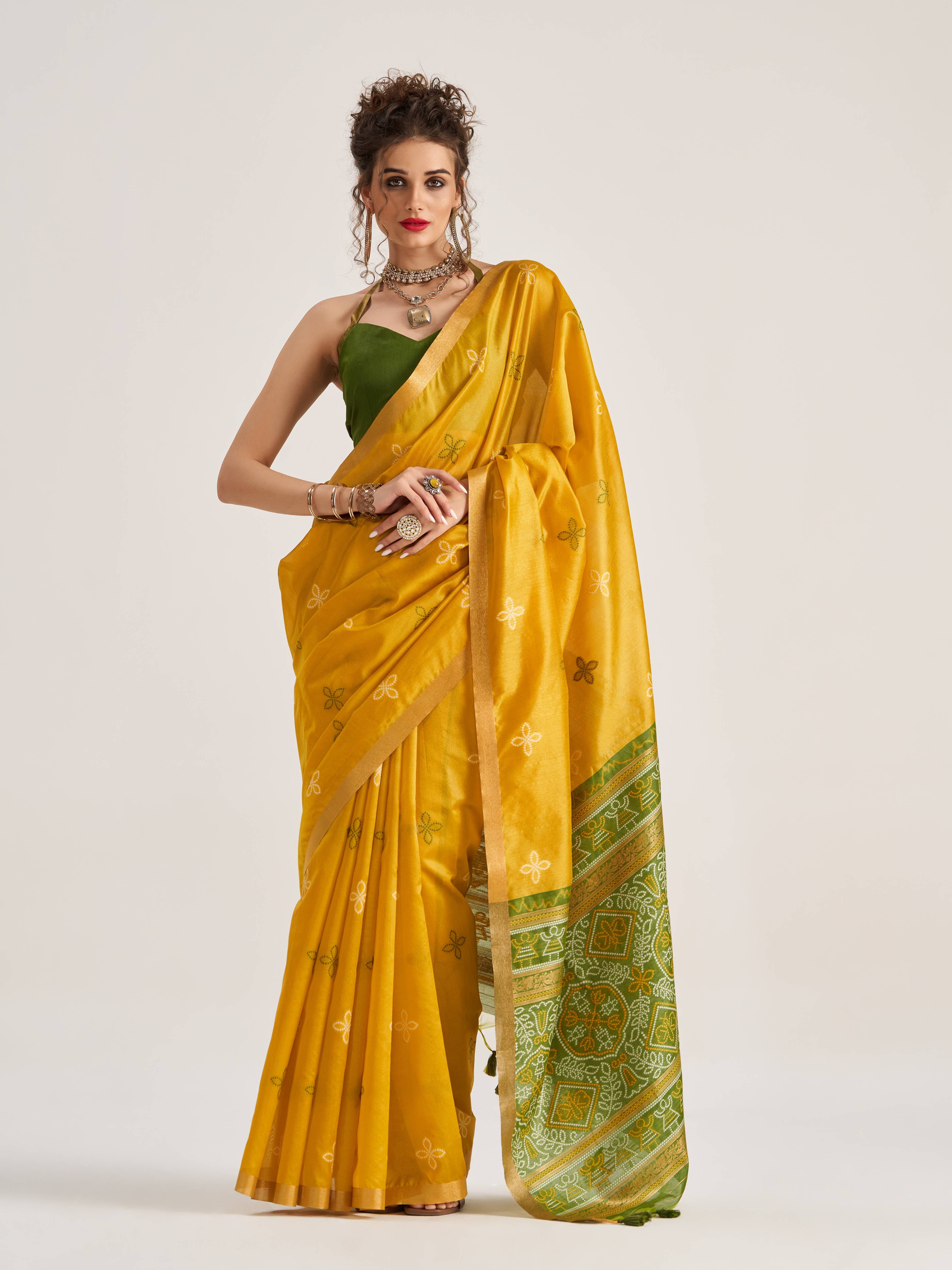 DEEP YELLOW HANDWOVEN BANDHEJ ART SILK SAREE