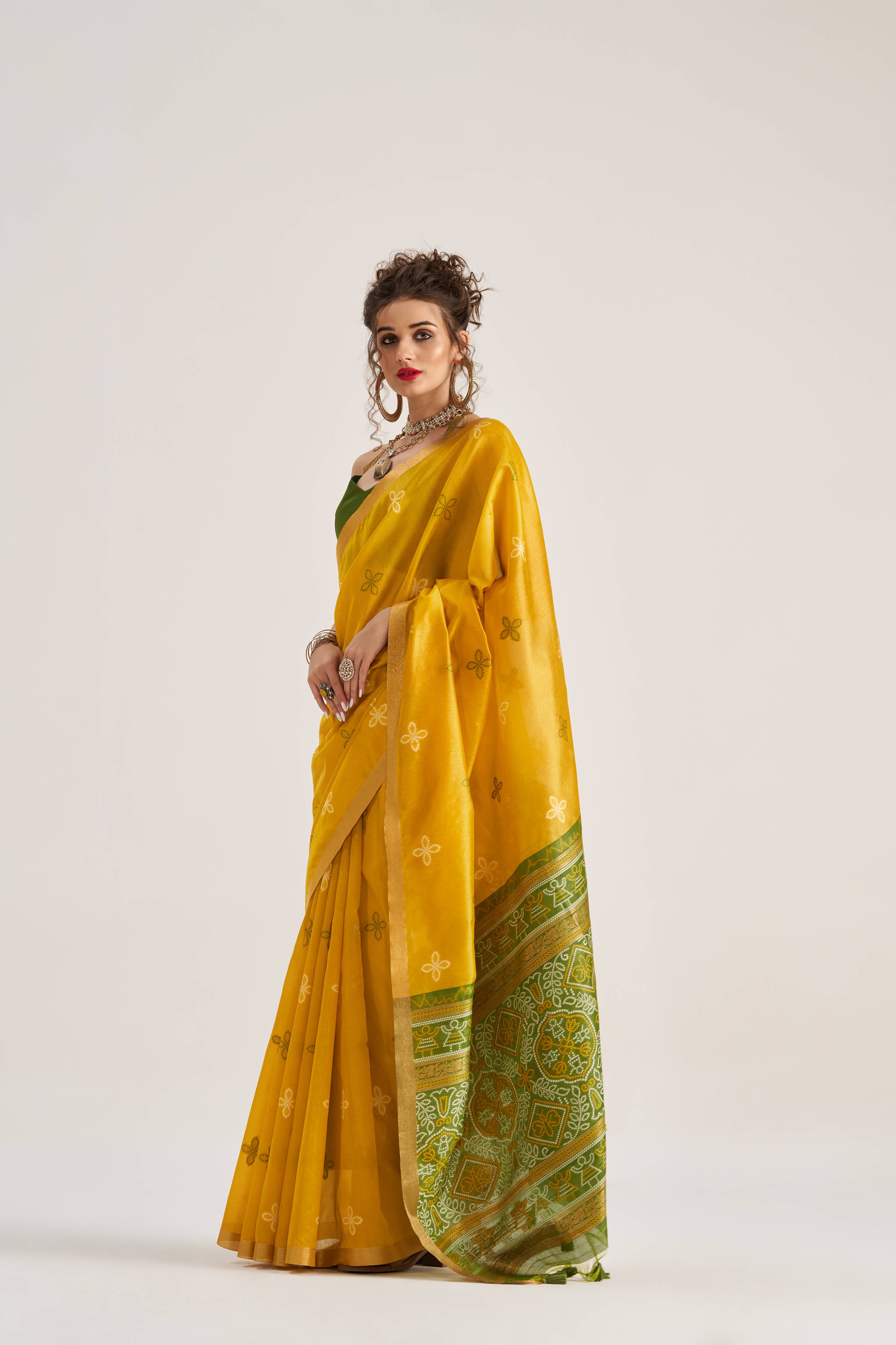 DEEP YELLOW HANDWOVEN BANDHEJ ART SILK SAREE