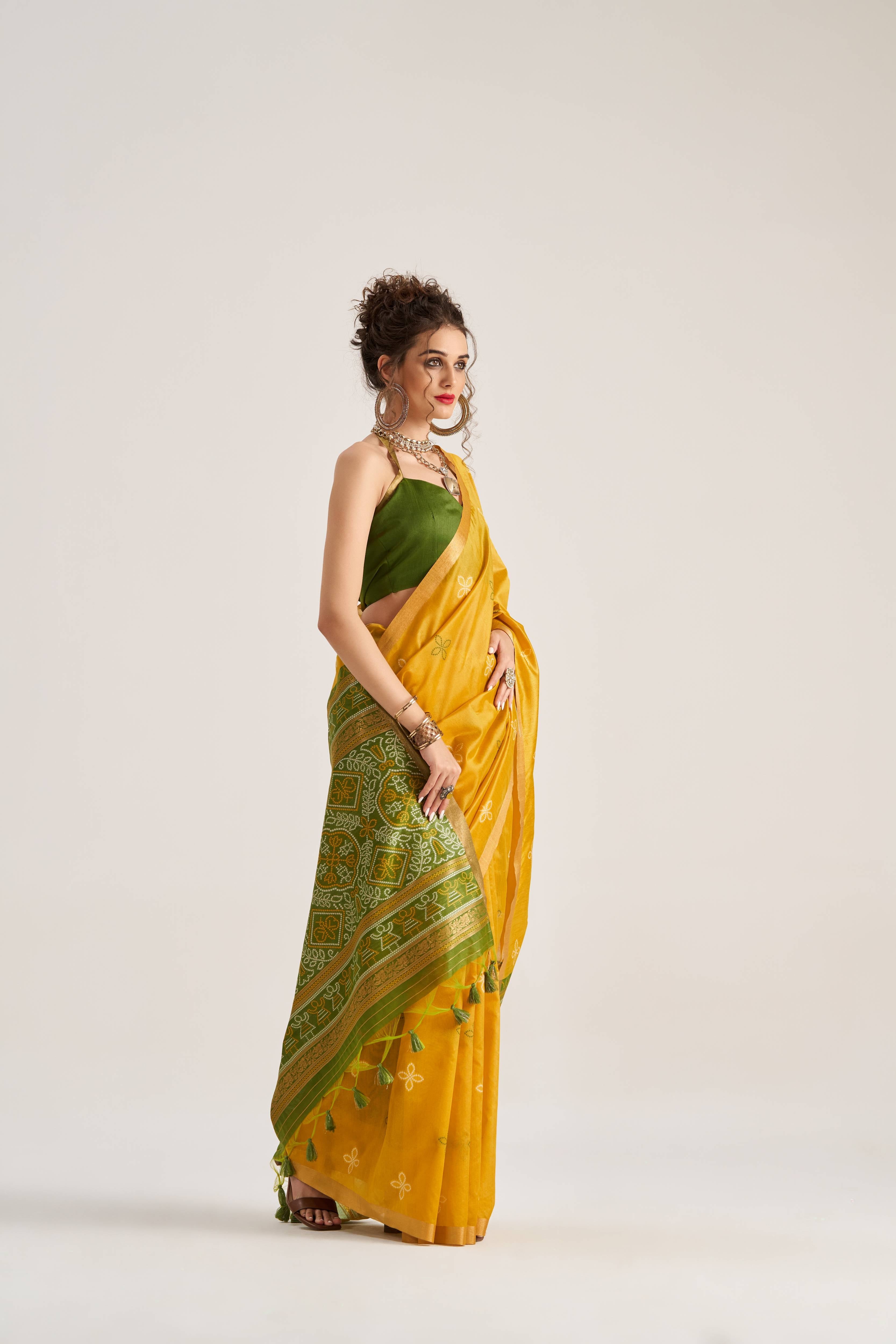 DEEP YELLOW HANDWOVEN BANDHEJ ART SILK SAREE