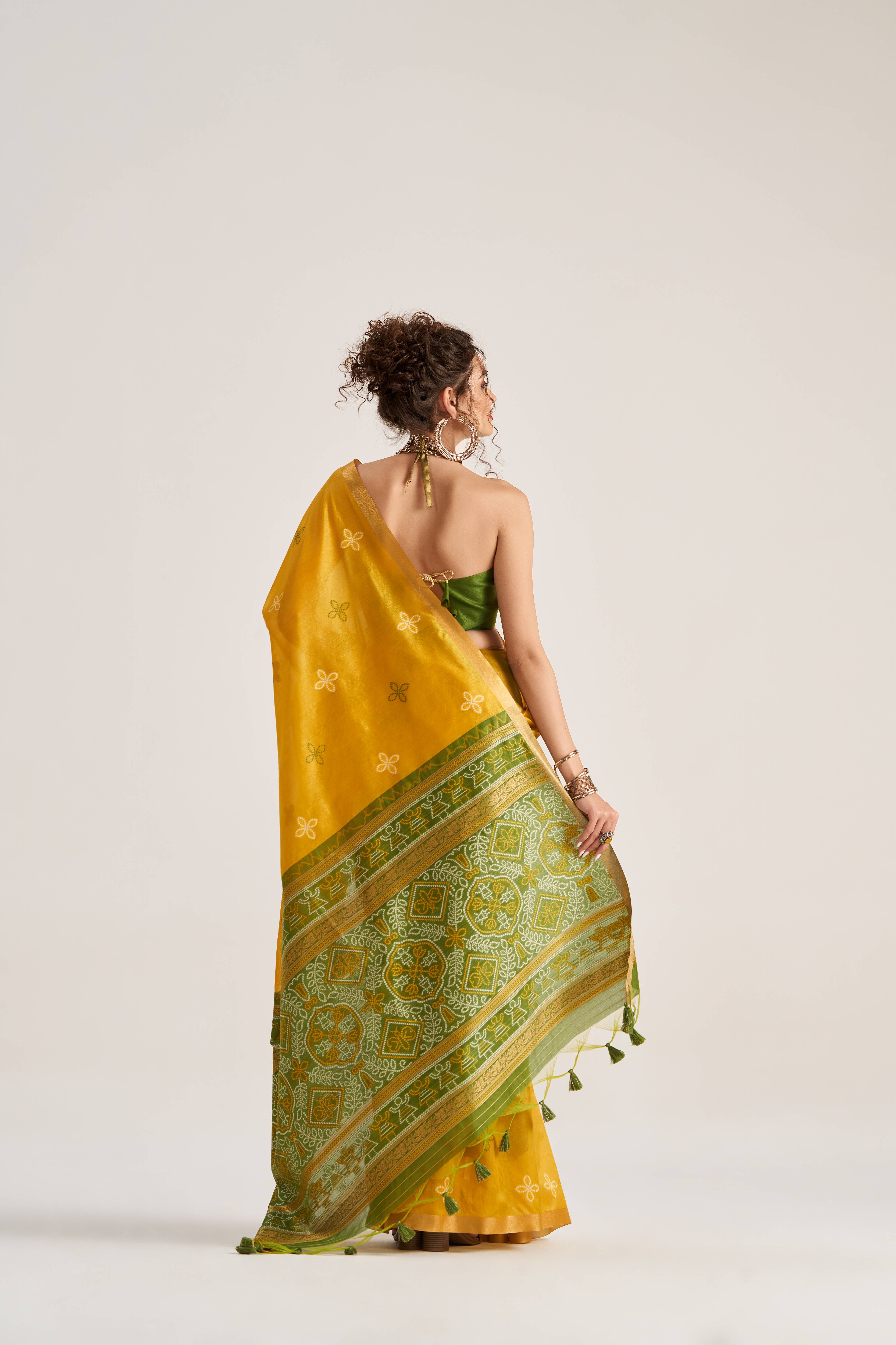 DEEP YELLOW HANDWOVEN BANDHEJ ART SILK SAREE