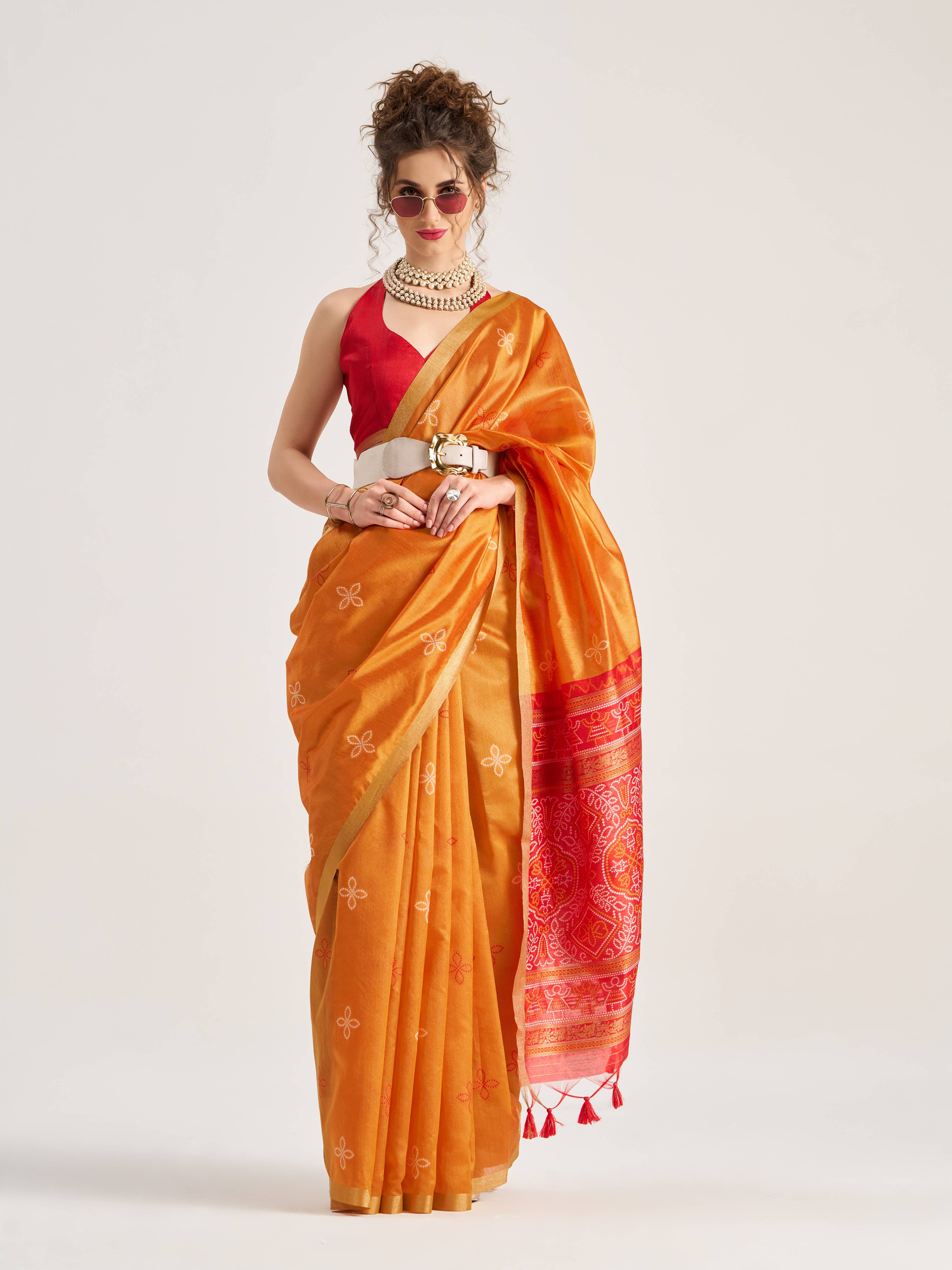 DEEP ORANGE HANDWOVEN BANDHEJ ART SILK SAREE