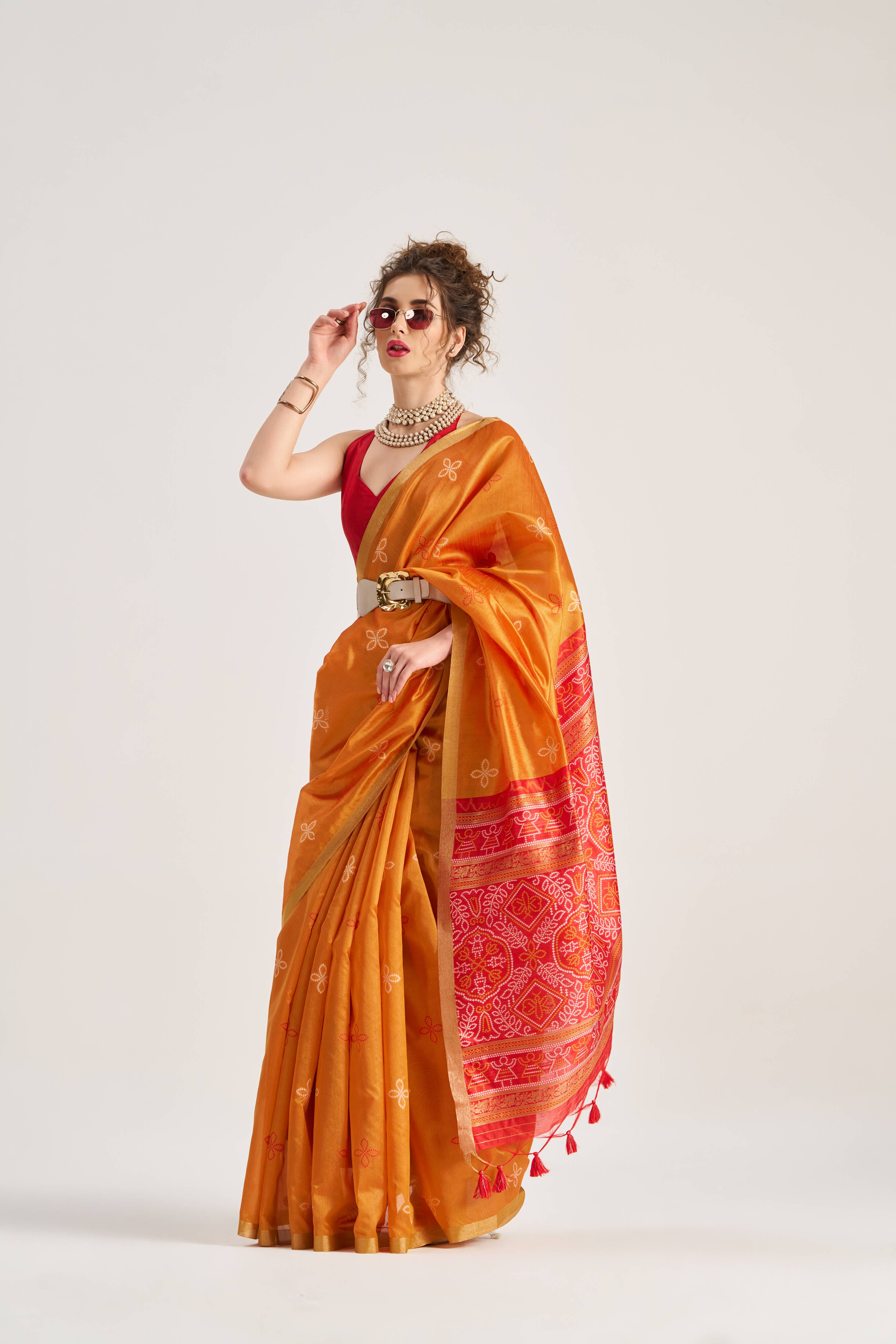 DEEP ORANGE HANDWOVEN BANDHEJ ART SILK SAREE