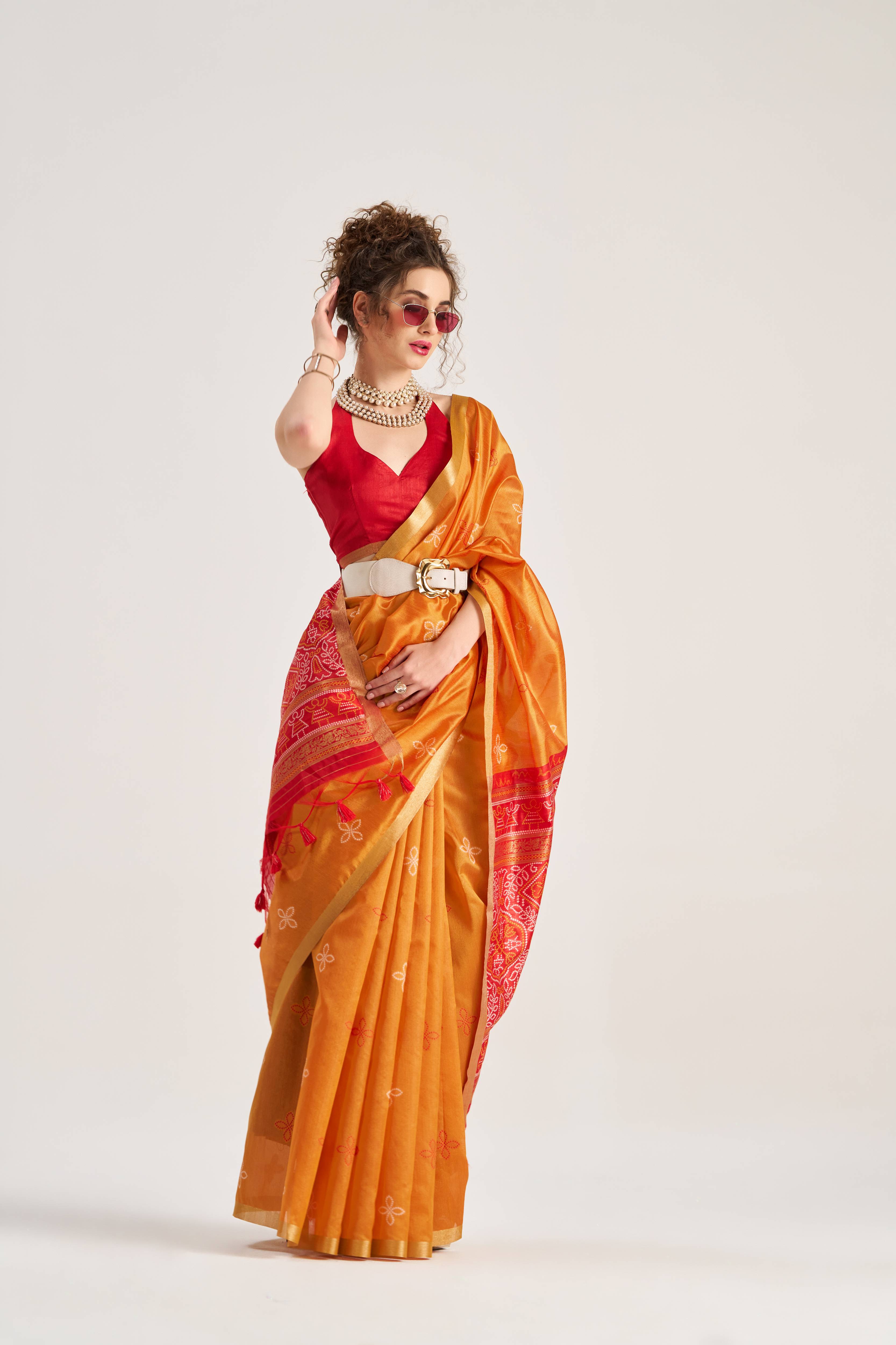 DEEP ORANGE HANDWOVEN BANDHEJ ART SILK SAREE