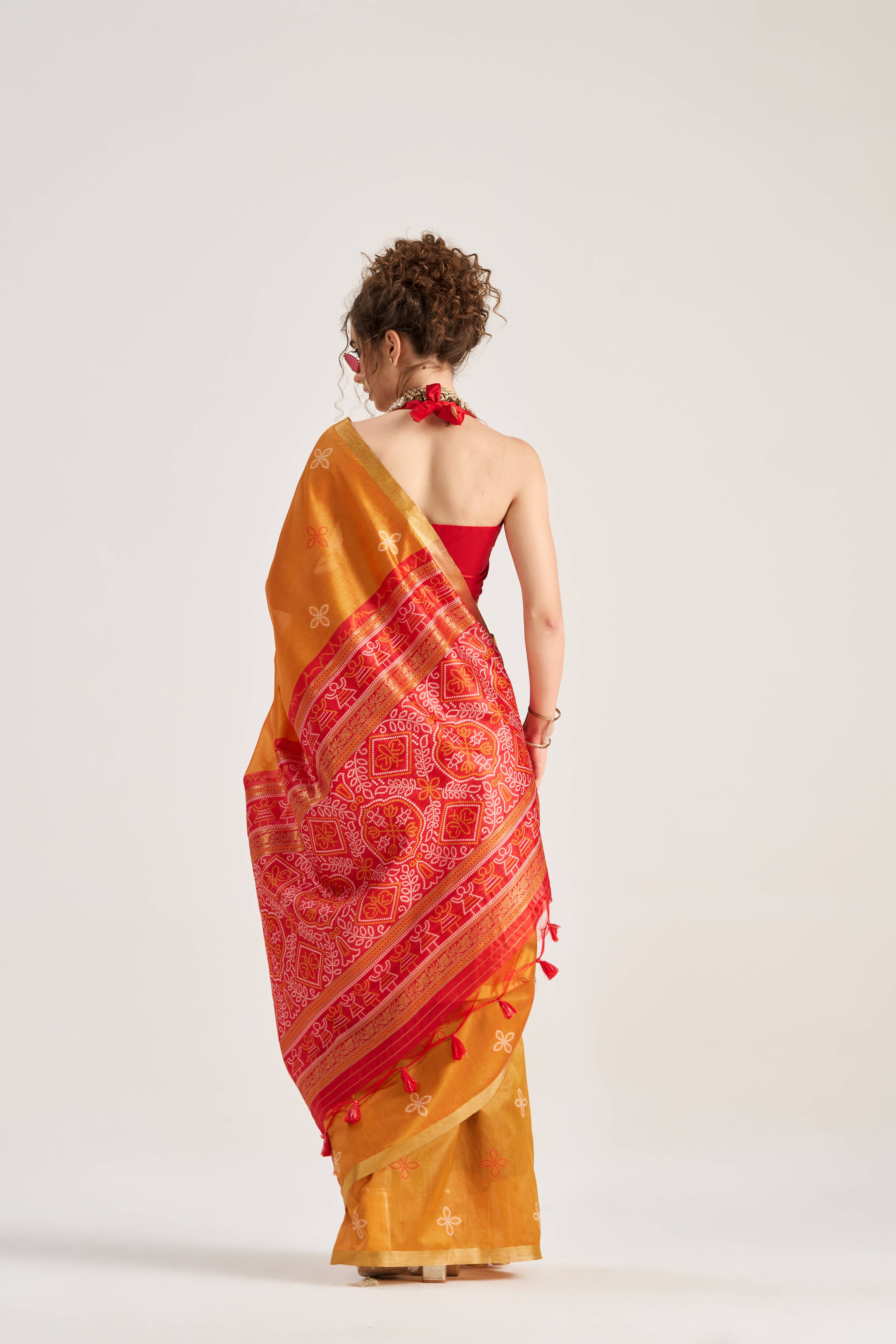 DEEP ORANGE HANDWOVEN BANDHEJ ART SILK SAREE