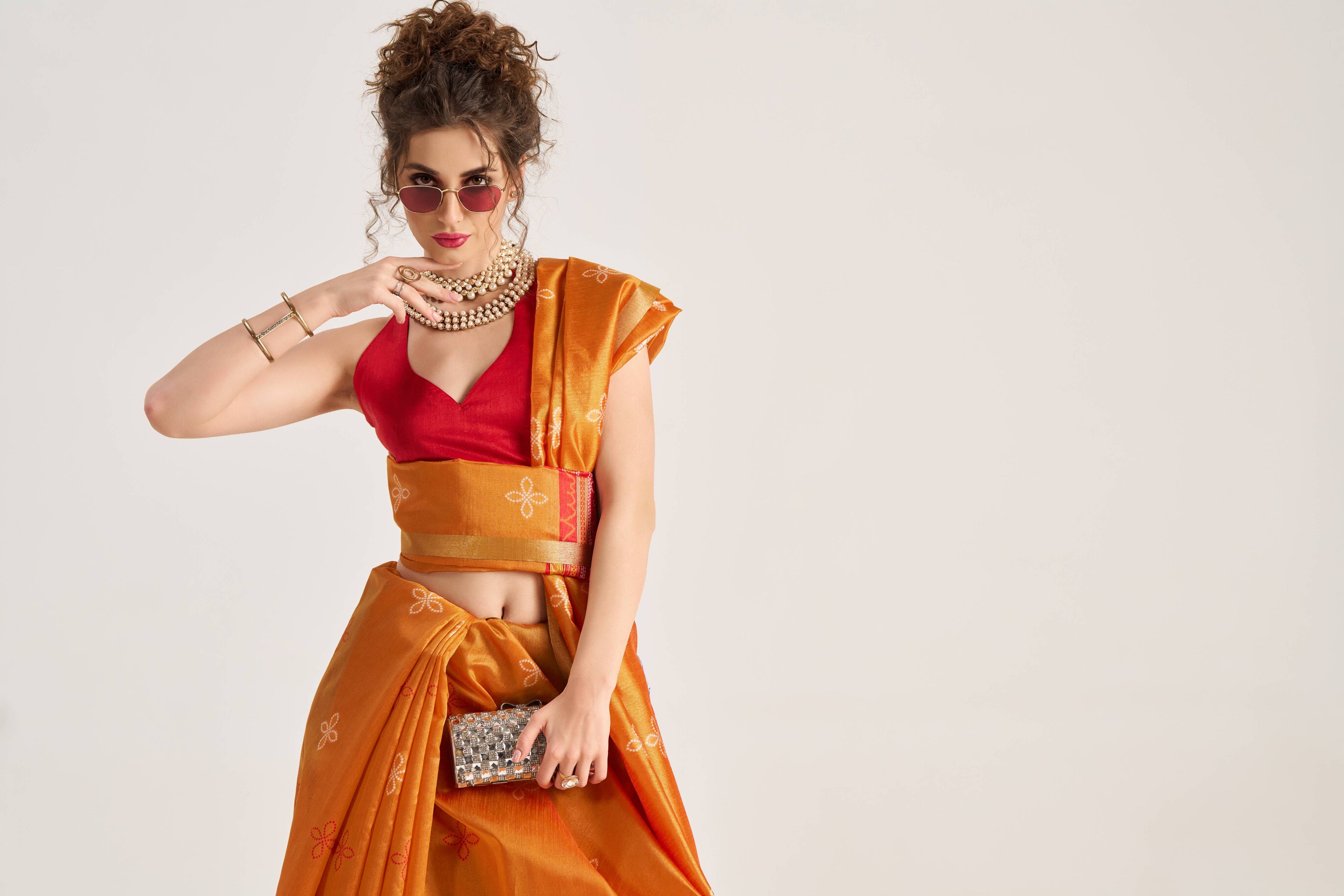 DEEP ORANGE HANDWOVEN BANDHEJ ART SILK SAREE