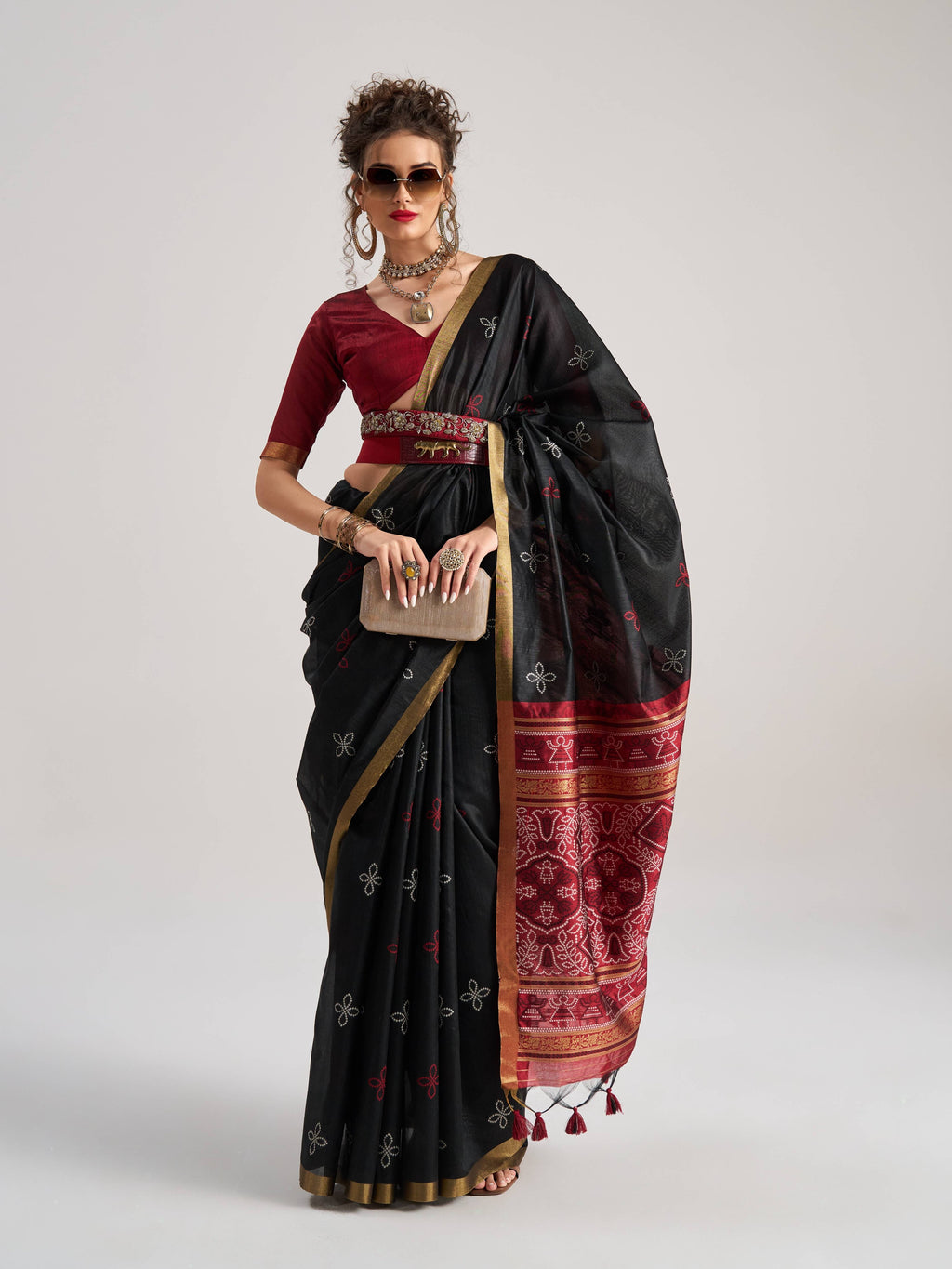 BLACK & MAROON HANDWOVEN BANDHEJ ART SILK SAREE