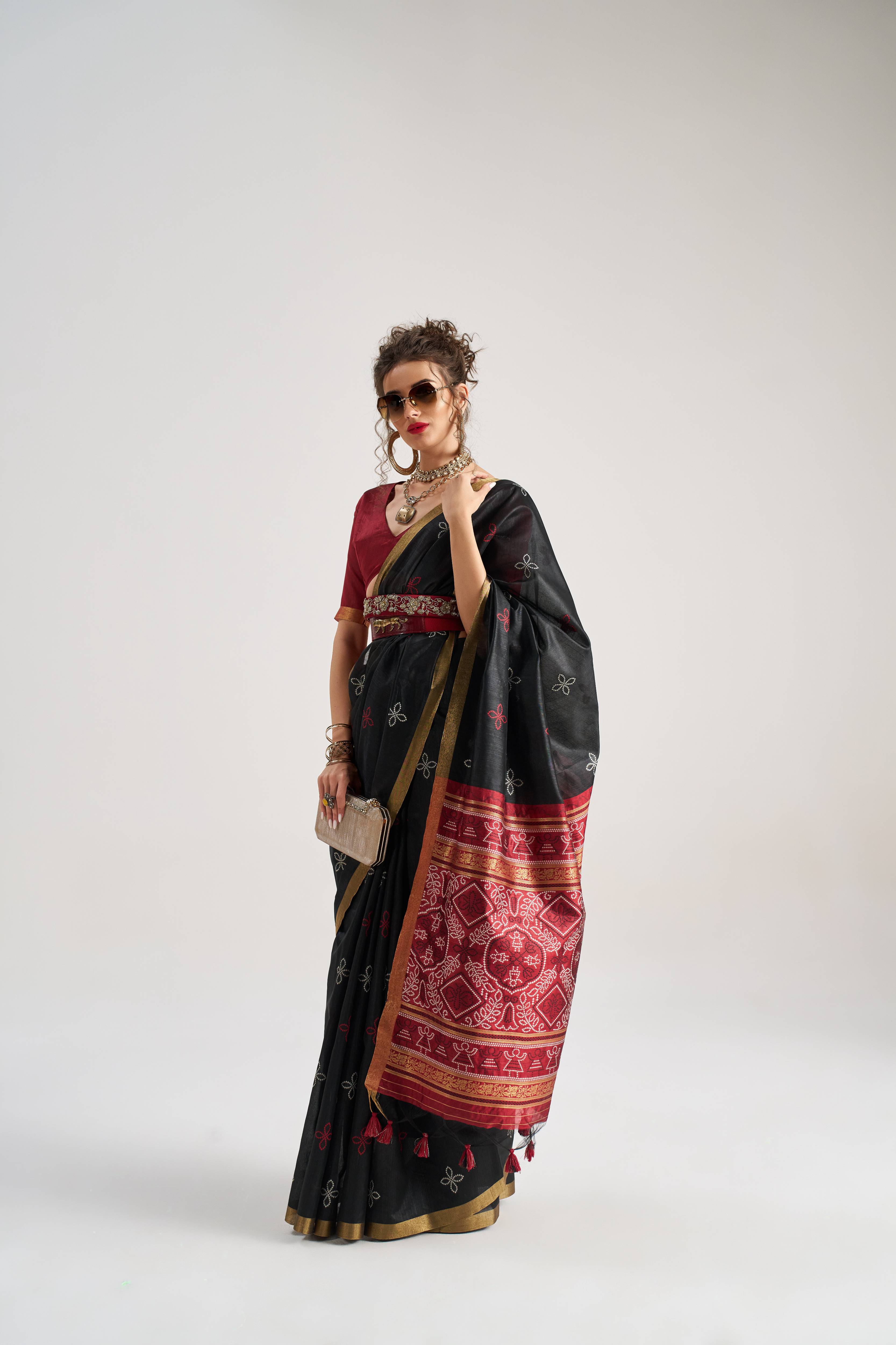 BLACK & MAROON HANDWOVEN BANDHEJ ART SILK SAREE