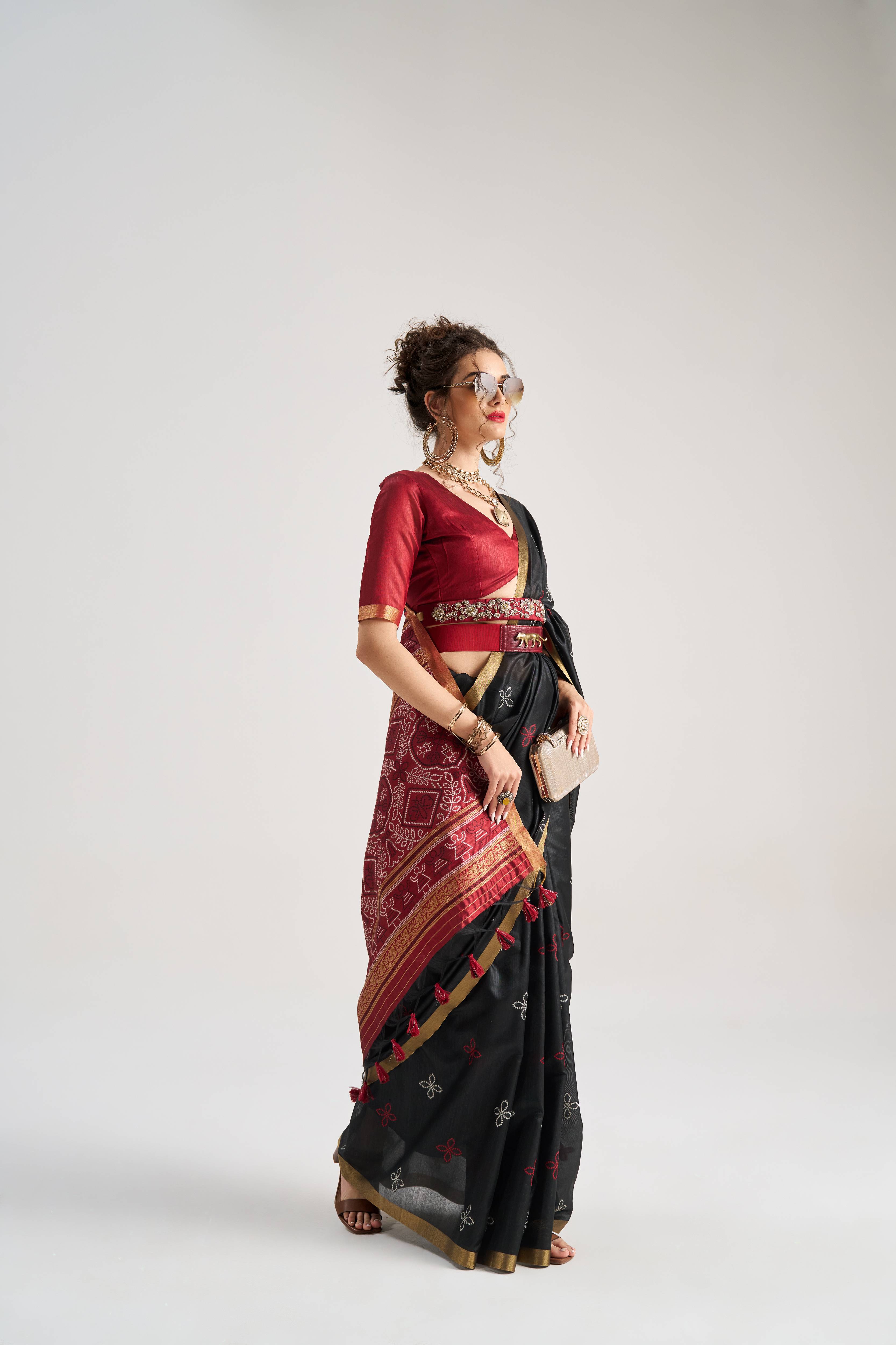 BLACK & MAROON HANDWOVEN BANDHEJ ART SILK SAREE