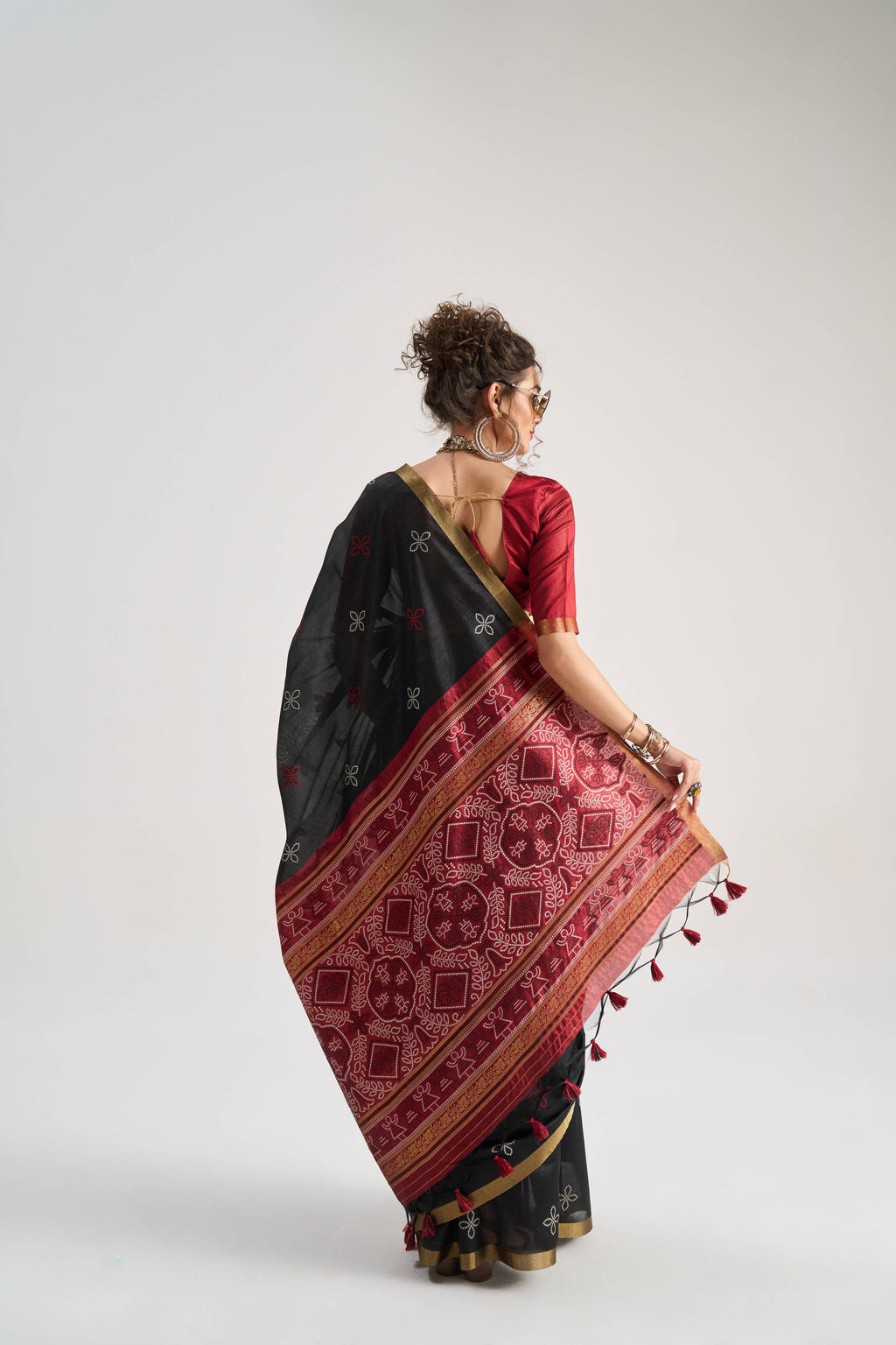 BLACK & MAROON HANDWOVEN BANDHEJ ART SILK SAREE