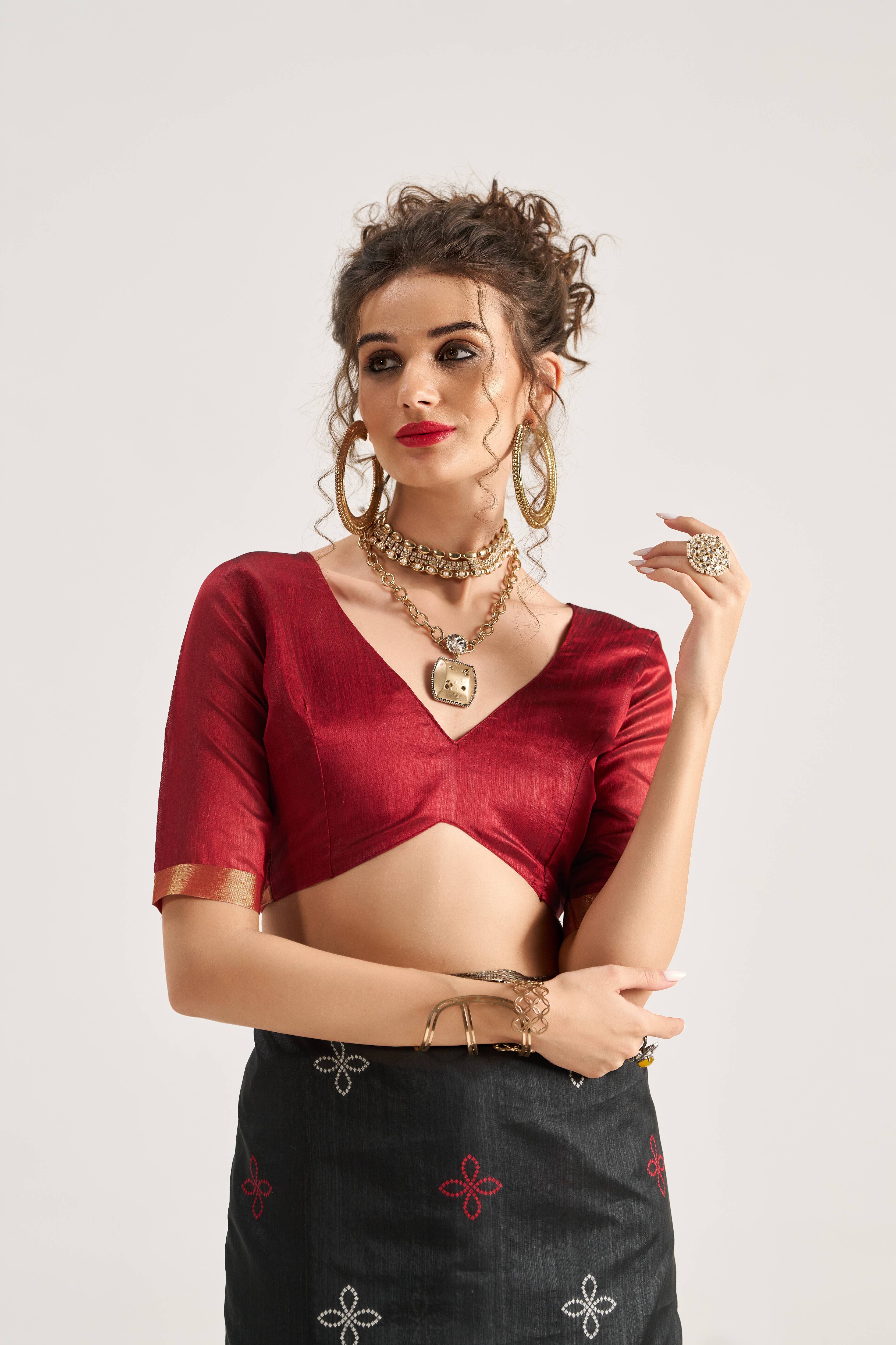 BLACK & MAROON HANDWOVEN BANDHEJ ART SILK SAREE