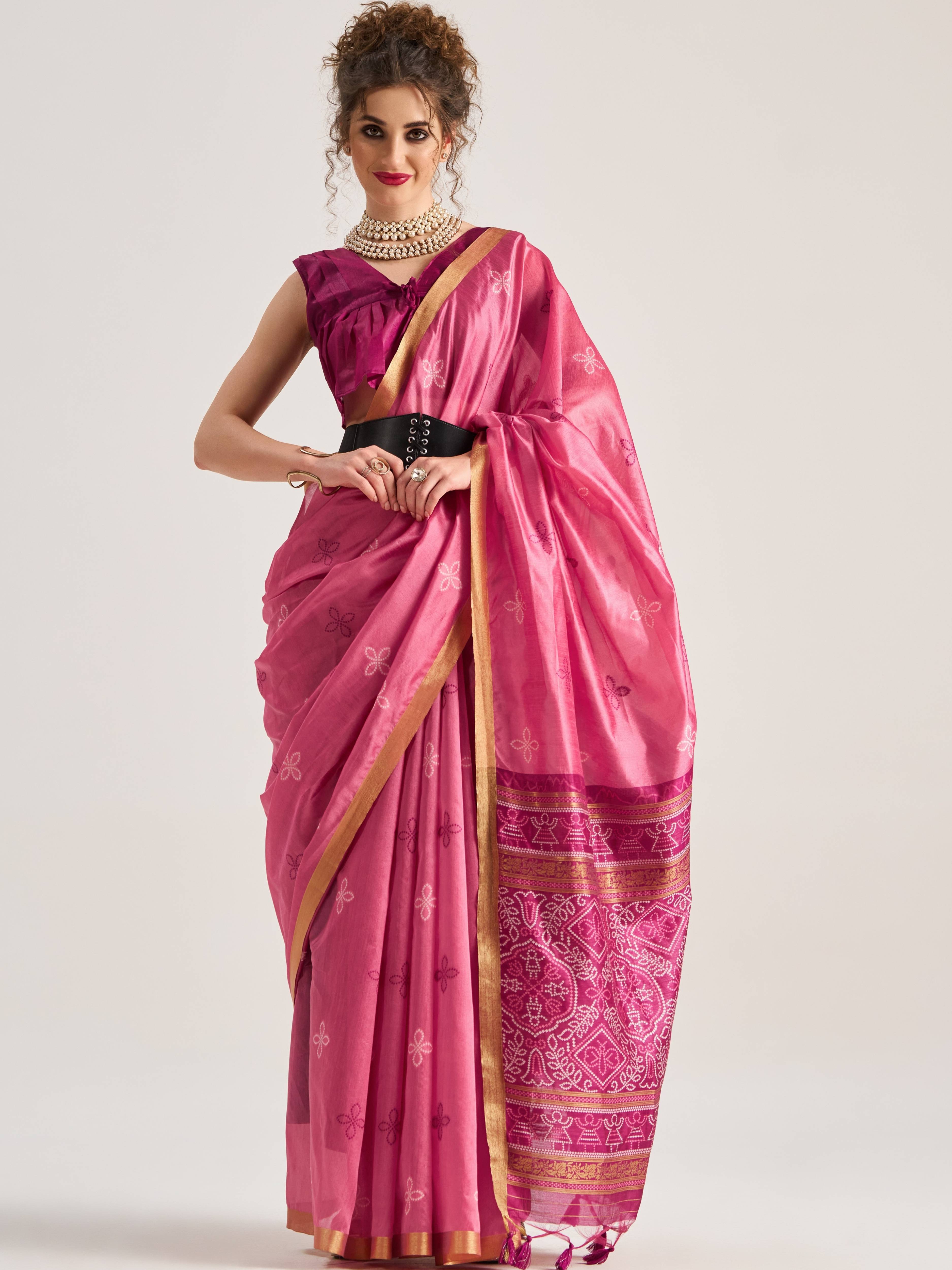 DARK PINK HANDWOVEN BANDHEJ ART SILK SAREE