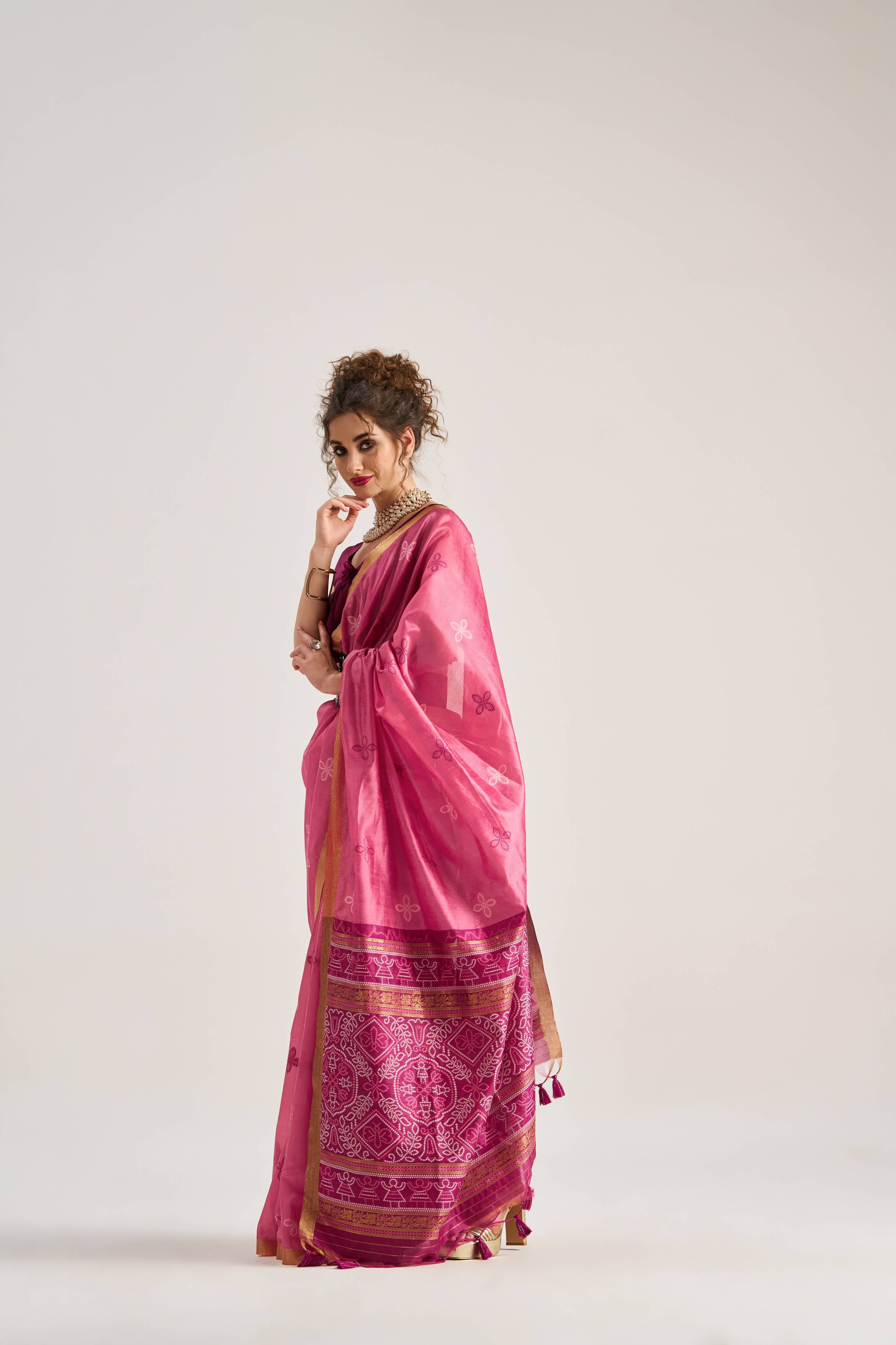 DARK PINK HANDWOVEN BANDHEJ ART SILK SAREE