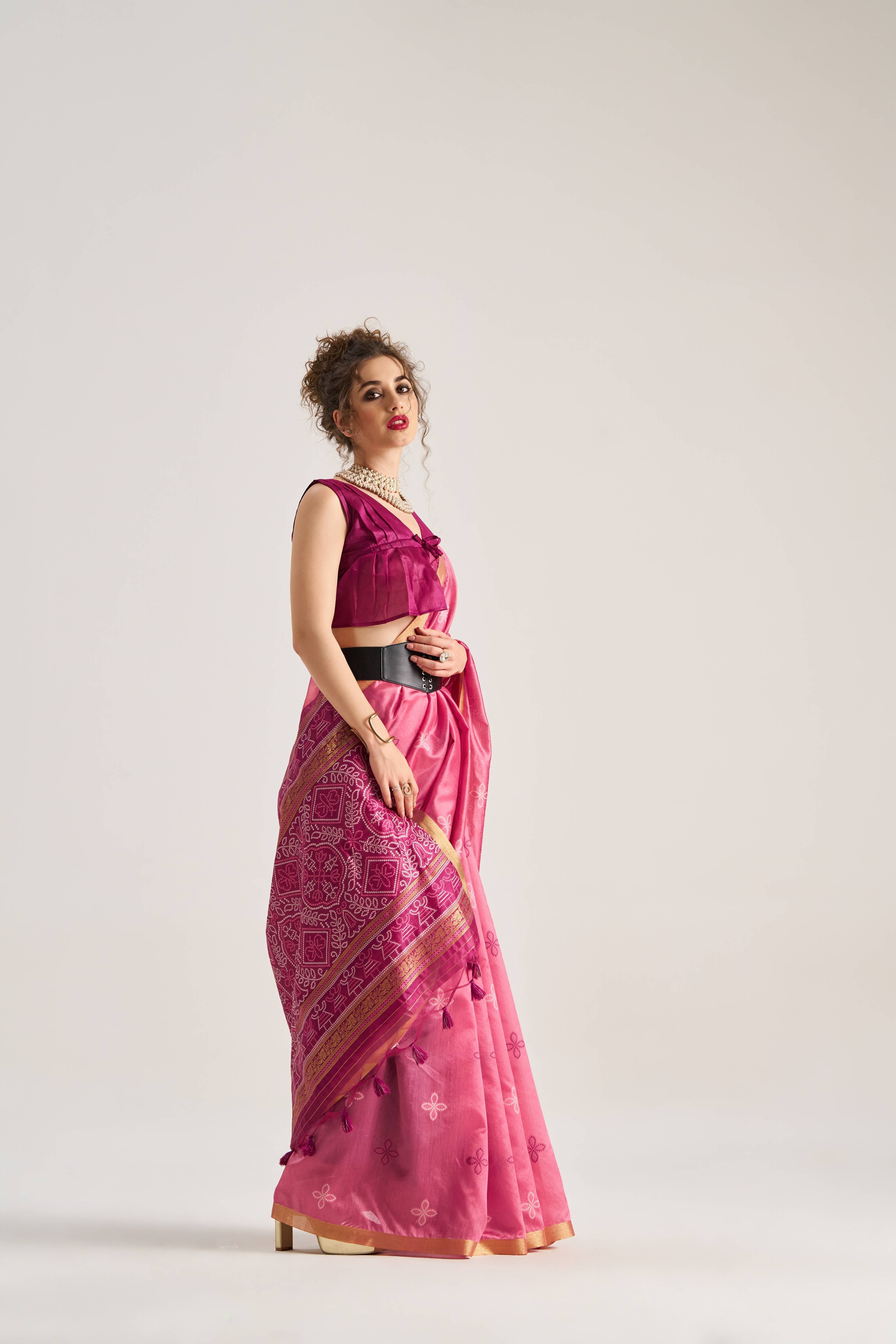 DARK PINK HANDWOVEN BANDHEJ ART SILK SAREE