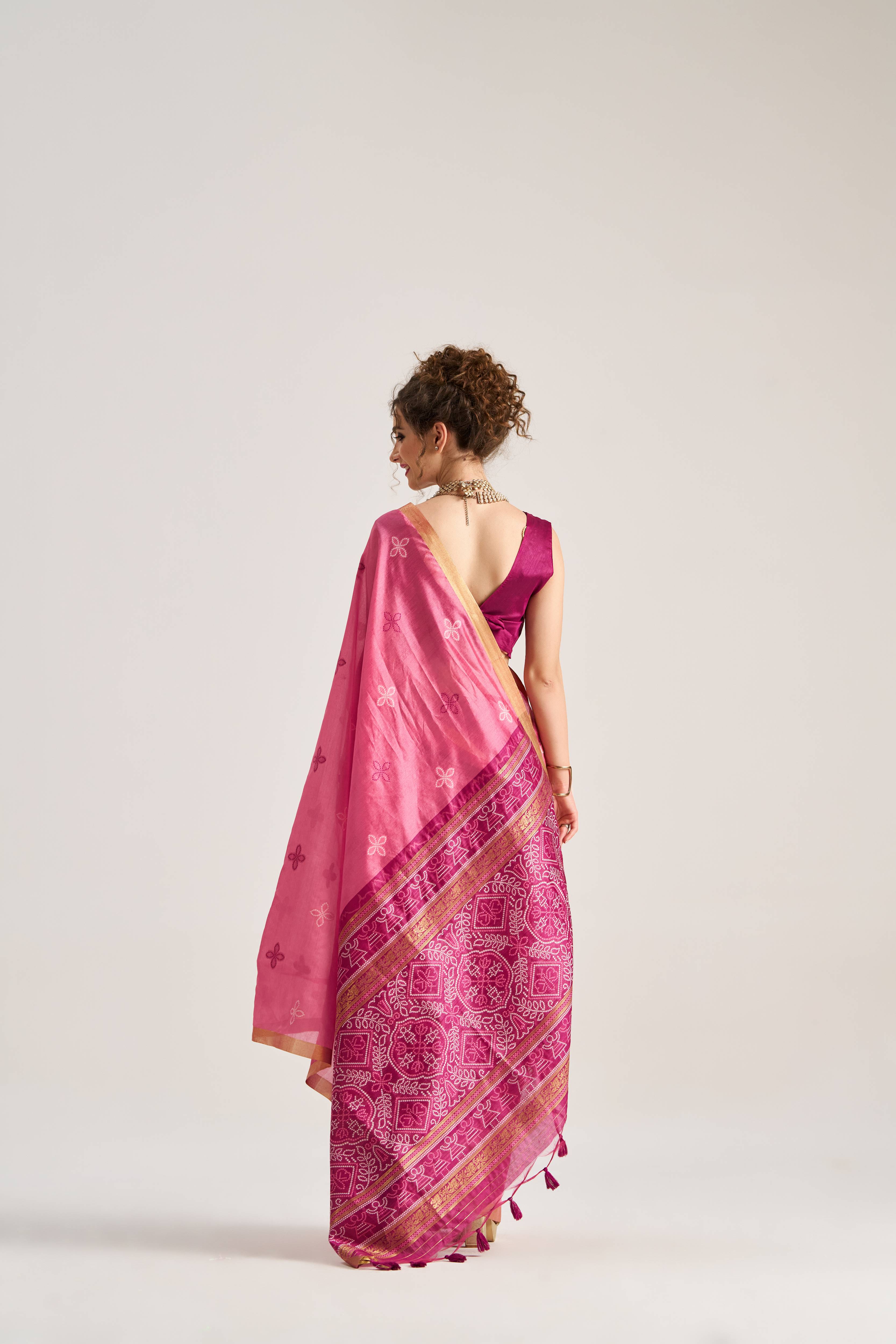 DARK PINK HANDWOVEN BANDHEJ ART SILK SAREE