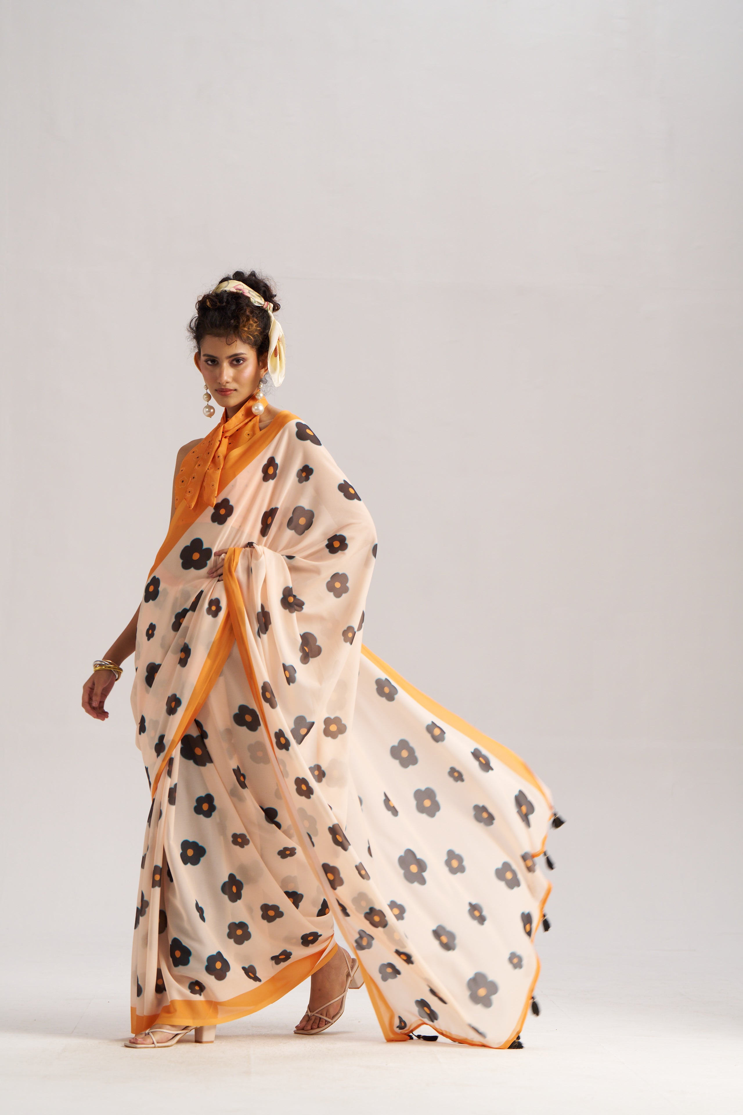 RETRO STYLE DIGITAL PRINTED MUSTARD BEIGE GEORGETTE SAREE