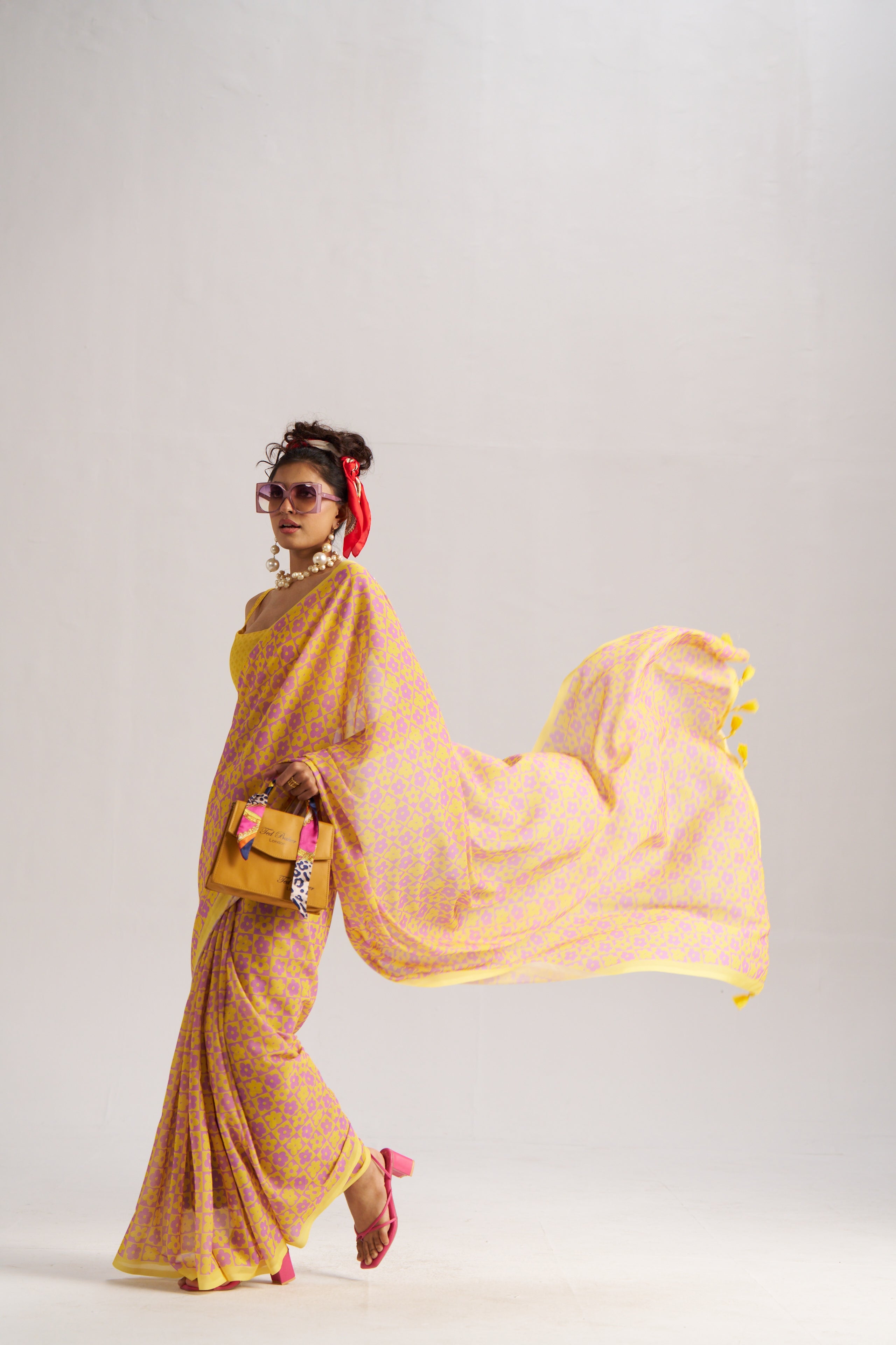 RETRO STYLE DIGITAL PRINTED YELLOW GEORGETTE SAREE